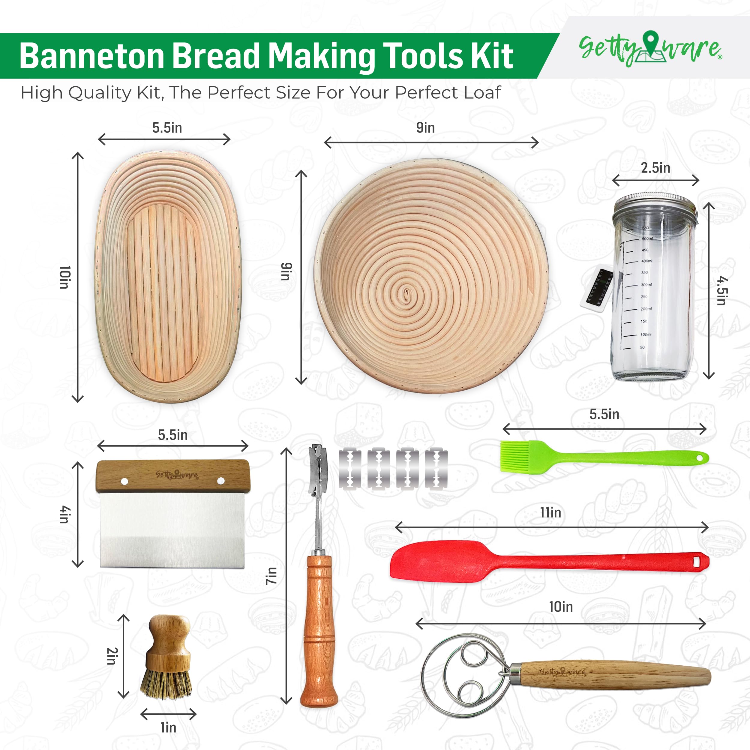 GettyWare Artisan Bread Making Kit with Sourdough Proofing Bowl & Rattan Basket - Essential Baking Accessories for Perfect Sourdough Bread