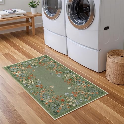 Miniatura 7 de Lahome Alfombra de cocina con estampado floral bohemio de 2 x 3 pies, color verde, lavable a máquina, tapete pequeño de baño, tapete suave y