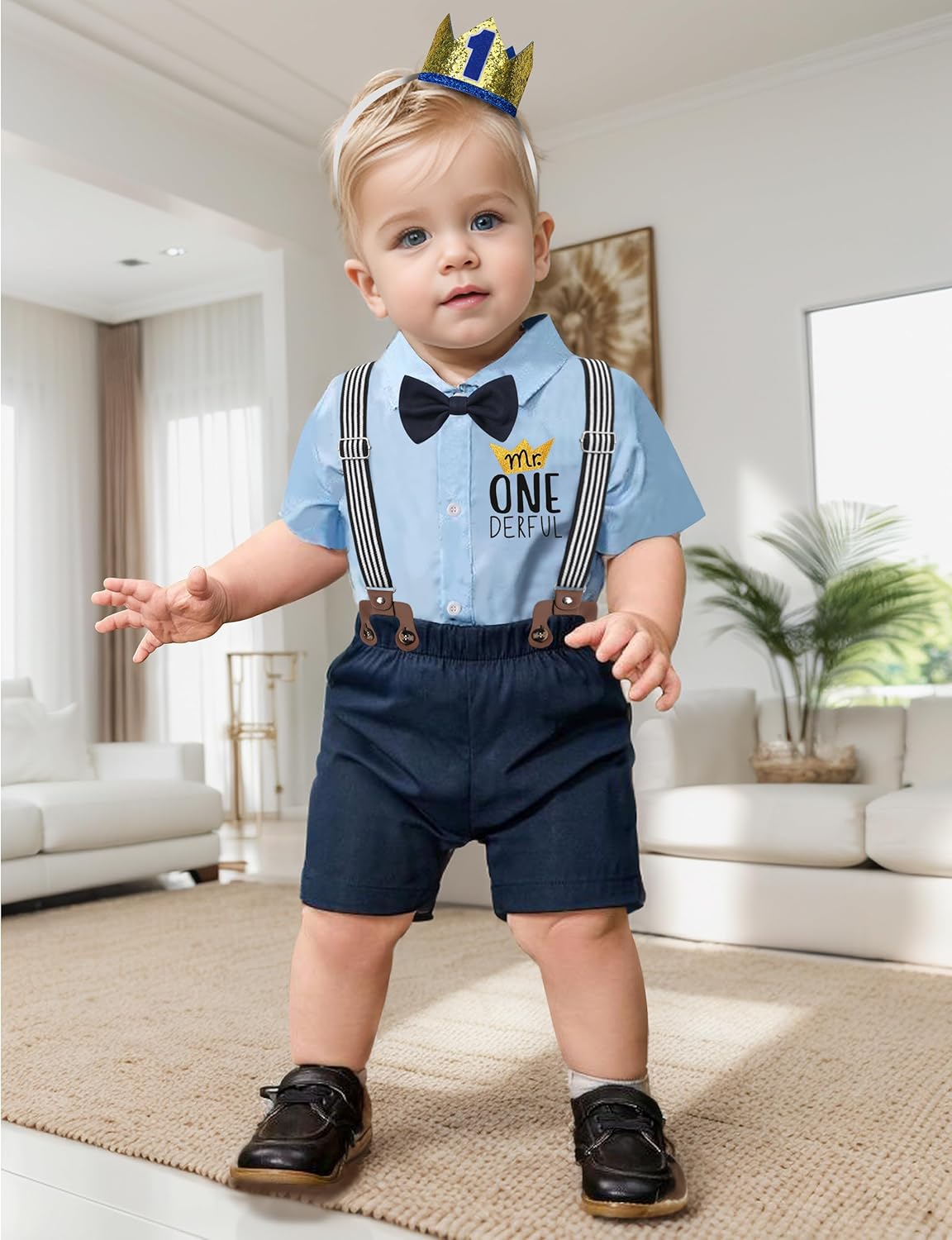 DONWEN Baby Boy First Birthday Outfit Mr Onederful Bowtie Romper + Suspender Shorts+ Party Hat Cake Smash Outfits - Image 3