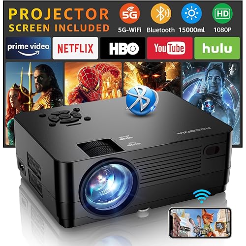 Projector with 5G WiFi and Bluetooth, Native 1080P Projector[Projector Screen Included], Full HD 18000LM Movie Projector, 100" Display Home Theater, Compatible with Phone/Laptop/TV Stick