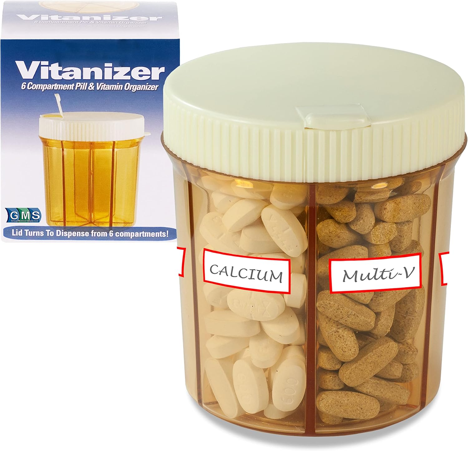 GMS Vitanizer - 6 Compartment Pill Organizer/Vitamin Organizer with Easy Turn Lid and Self Adhesive Labels