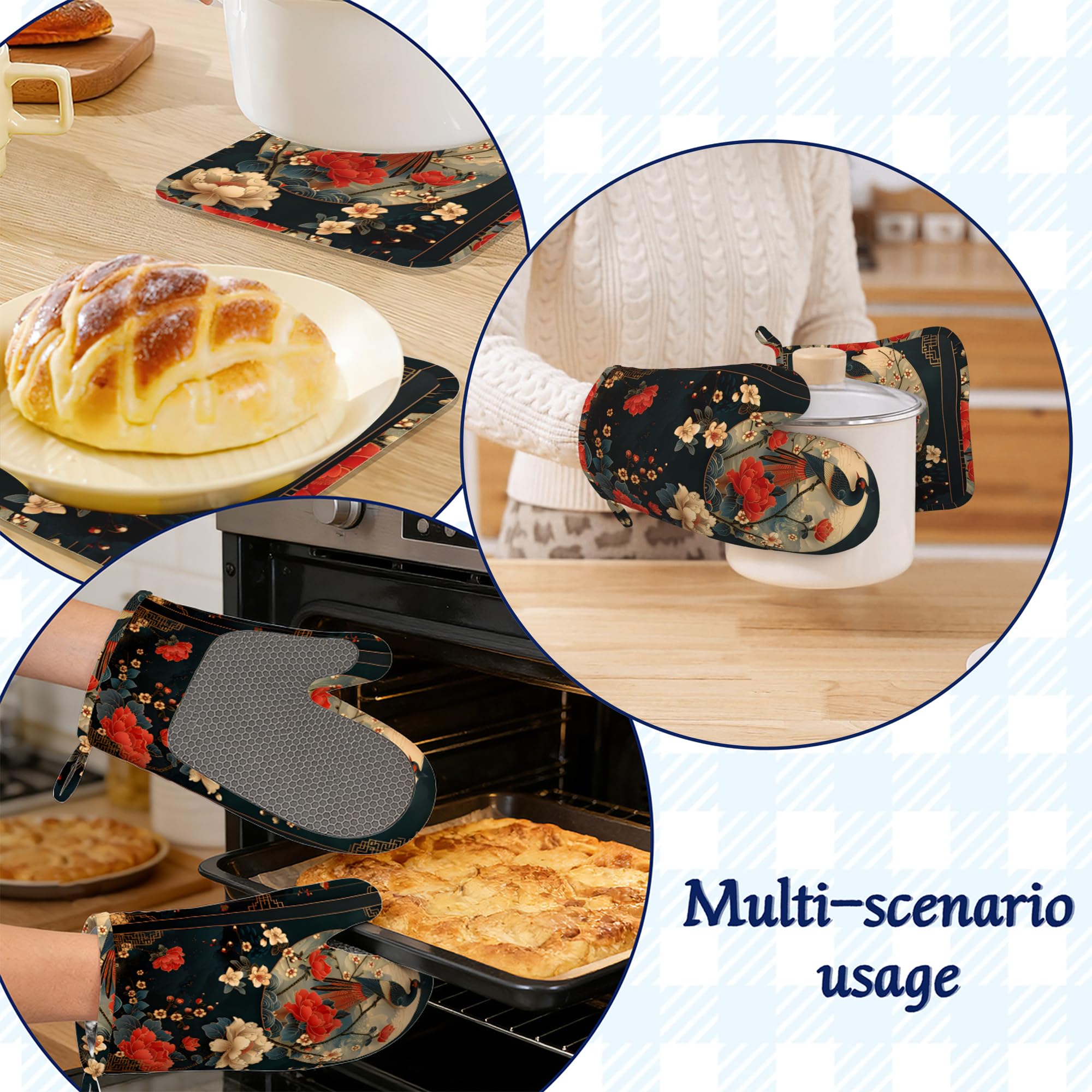 Lot de 4 maniques et maniques en silicone motif grue japonaise rétro - Accessoires de cuisine - Résistants à la chaleur - Antidérapants - Pour chef cuisinier - Cadeaux pour homme et femme