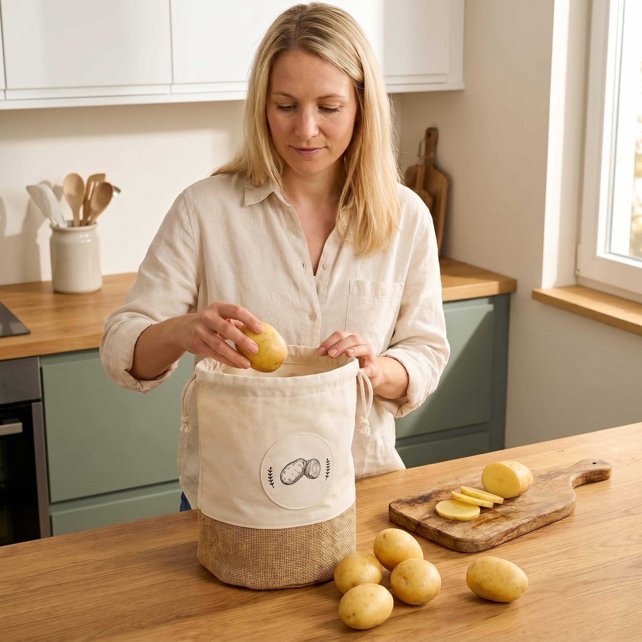 Valora® Kartoffel Aufbewahrungsbox 3er Set - Stoffbeutel für Kartoffeln, Zwiebel und Knoblauch Aufbewahrung - Längere Frische Zwiebeltopf, Kartoffelbox - Atmungsaktive und Nachhaltige Stoffbeutel