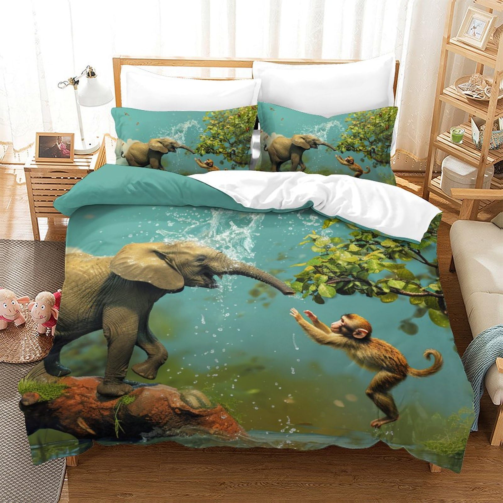 Parure de lit jungle 3D double 200x200cm housse de couette animaux microfbre 3 pièces