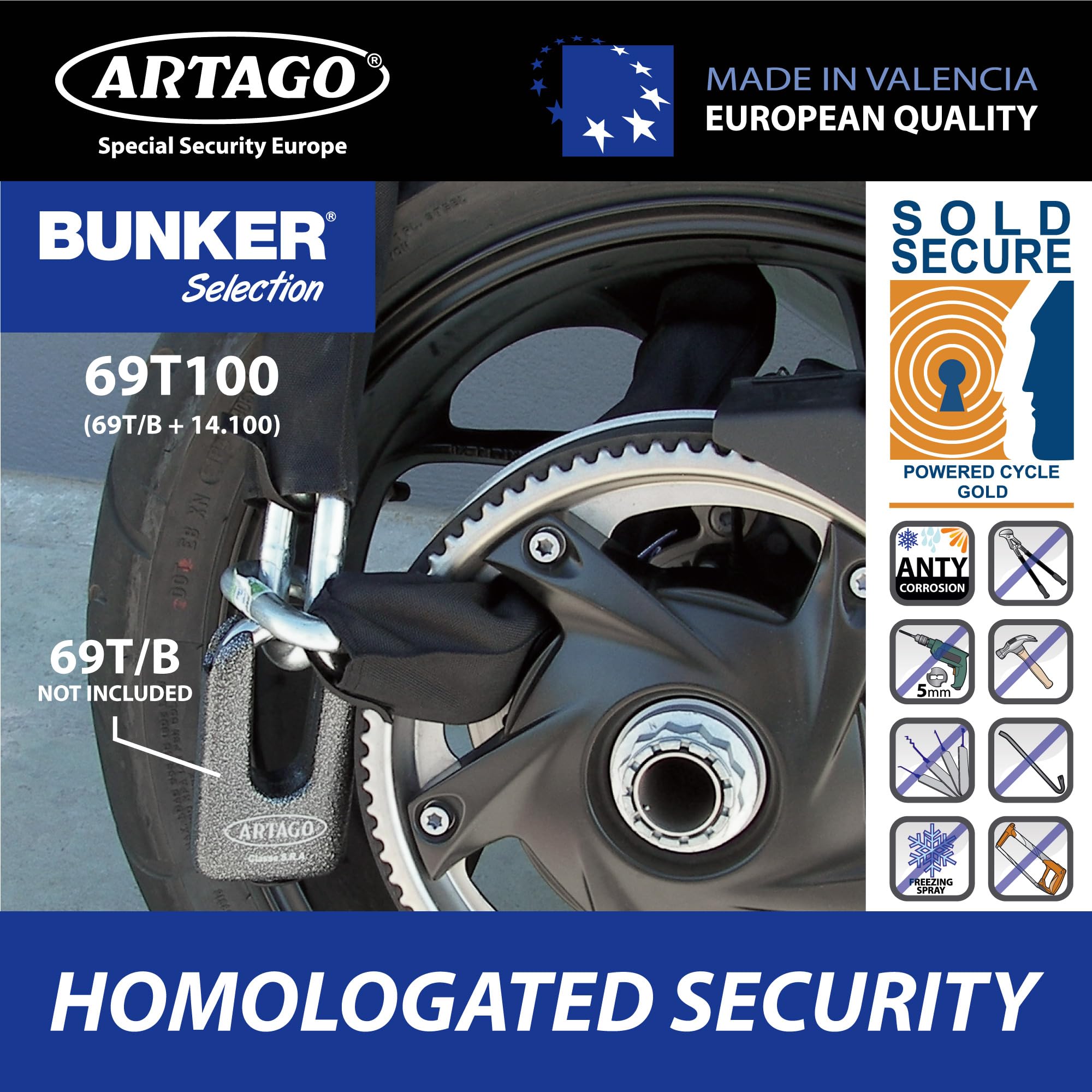 Artago 14.120 Chaine Antivol Haut de Gamme ø15mm, Sécurité Maximale Testé Homologuée Sold Secure Gold, BUNKER SELECTION 120cm, Revêtement Nylon Anti-rayures, Anti vol pour Moto, Parking Portails