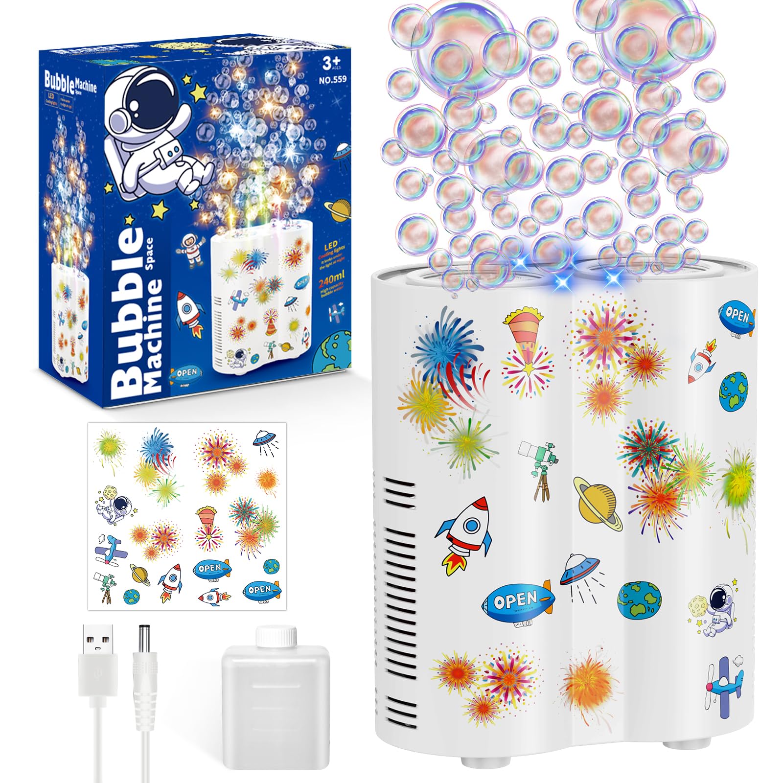 PANACARE Feuerwerksblasenmaschine, Automatische Seifenblasenmaschine mit 240ml Seifenblasenlösung/Licht, Kinder Geburtstag Geschenk für Weihnachten/Party (559A-White)