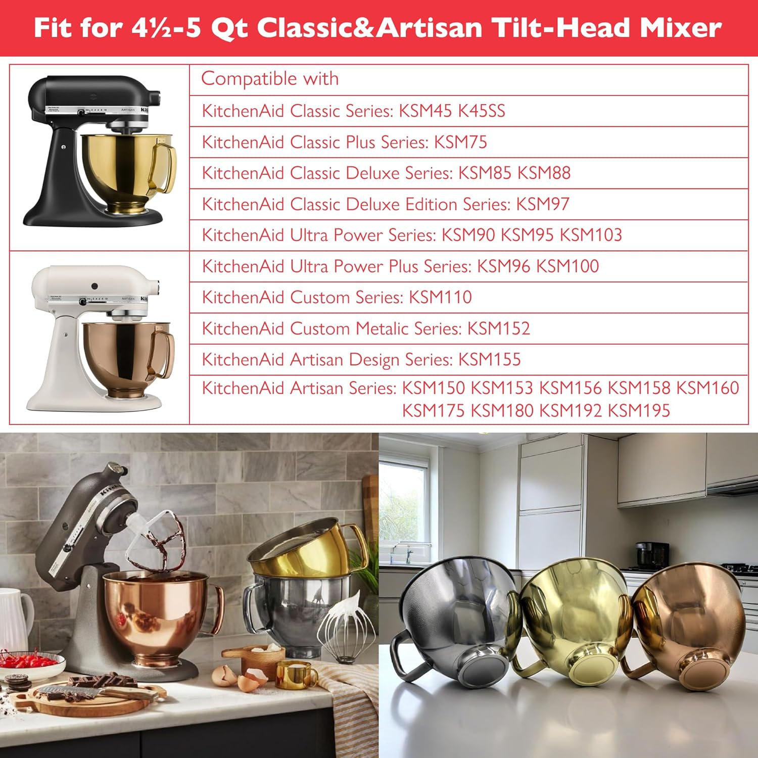 5 Quart Metallic Finish Stainless Steel Mixer Bowl for KitchenAid Classic&Artisan Series 4.5-5 QT Tilt-Head Mixer, Gray Color, Silicone Scraper, Dishwasher Safe, Fit K45SS KSM75 KSM90 KSM150