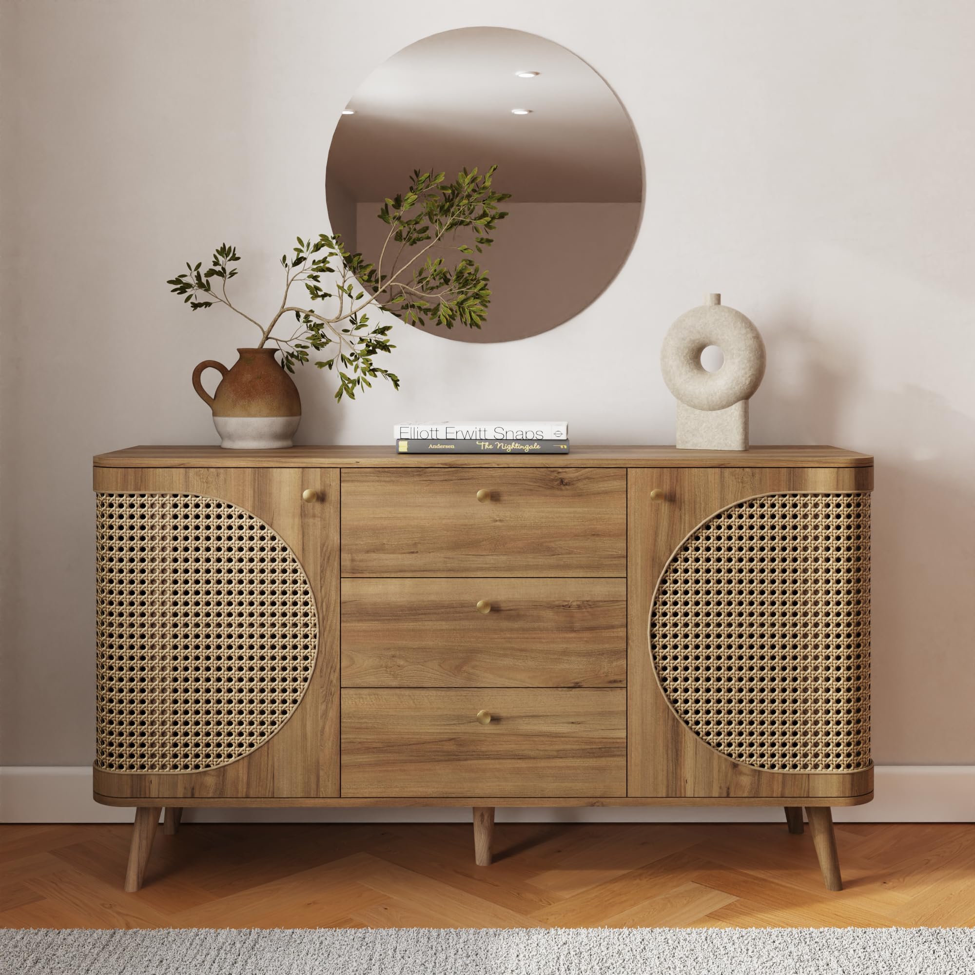 GFW Sorrell Rattan Sideboard with 3 Drawers & Cupboard Storage, Oak Effect Cabinet with Woven Rattan Doors