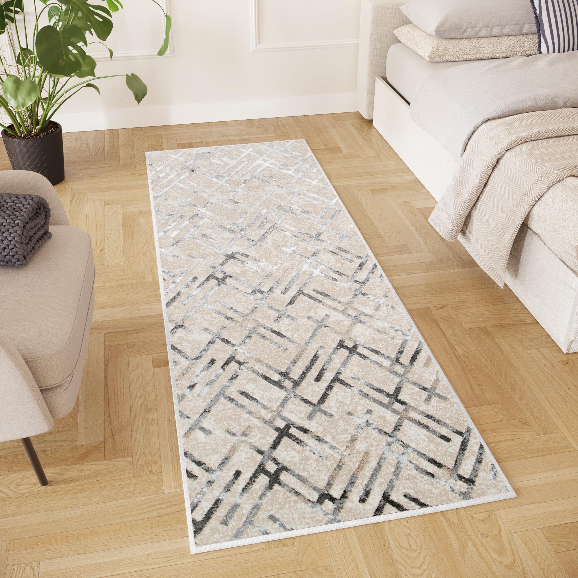 TAPISO Crystal Teppich Läufer Glänzend Grau Beige Schwarz Modern Gitter Verwischt Muster Wohnzimmer Schlafzimmer Flur Eingang ÖKO-TEX 100 x 130 cm
