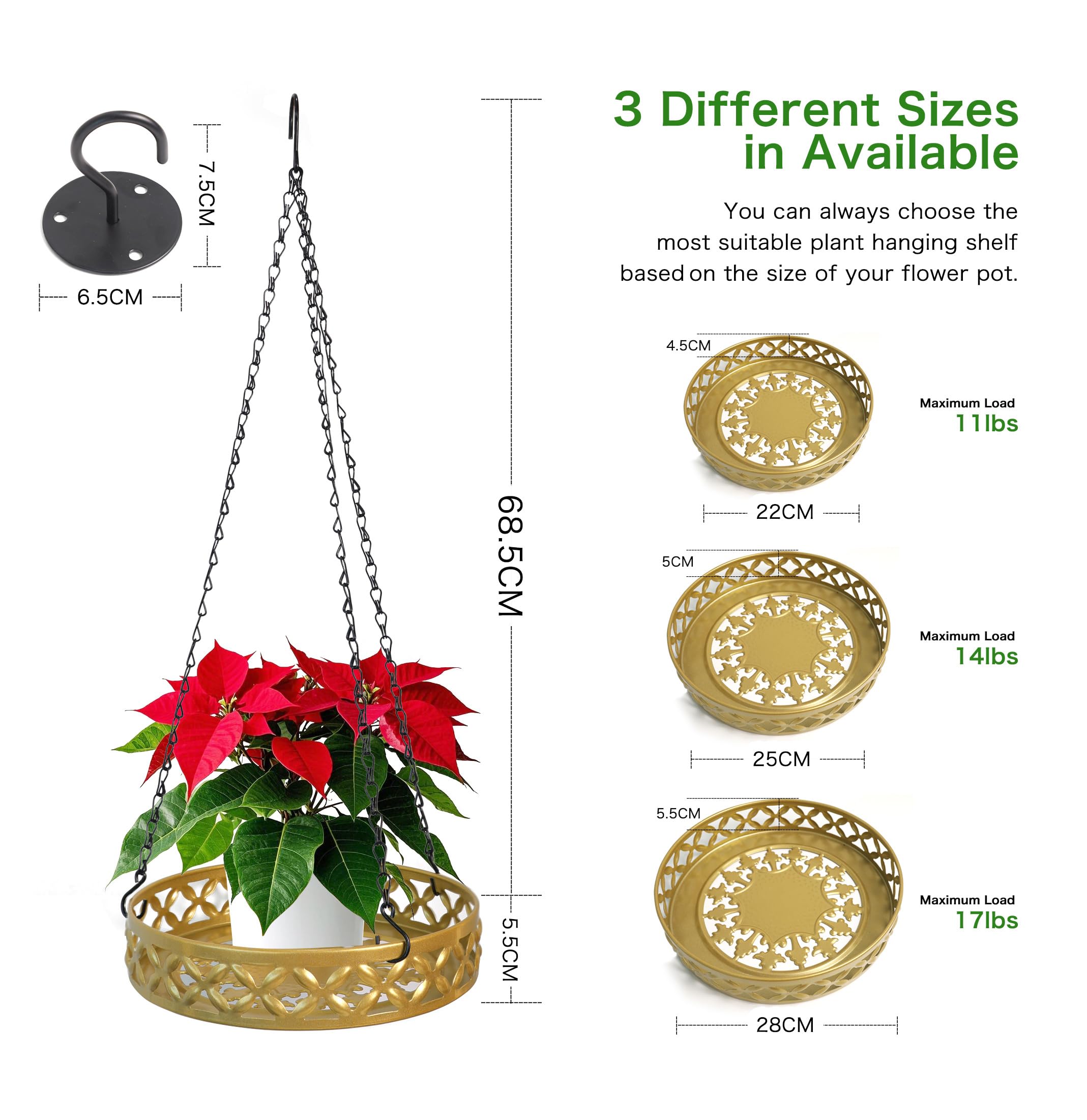 Lot de 3 suspensions en métal pour Plantes Modernes - Noir - Chaîne de Suspension pour Balcon, Porche, intérieur et extérieur