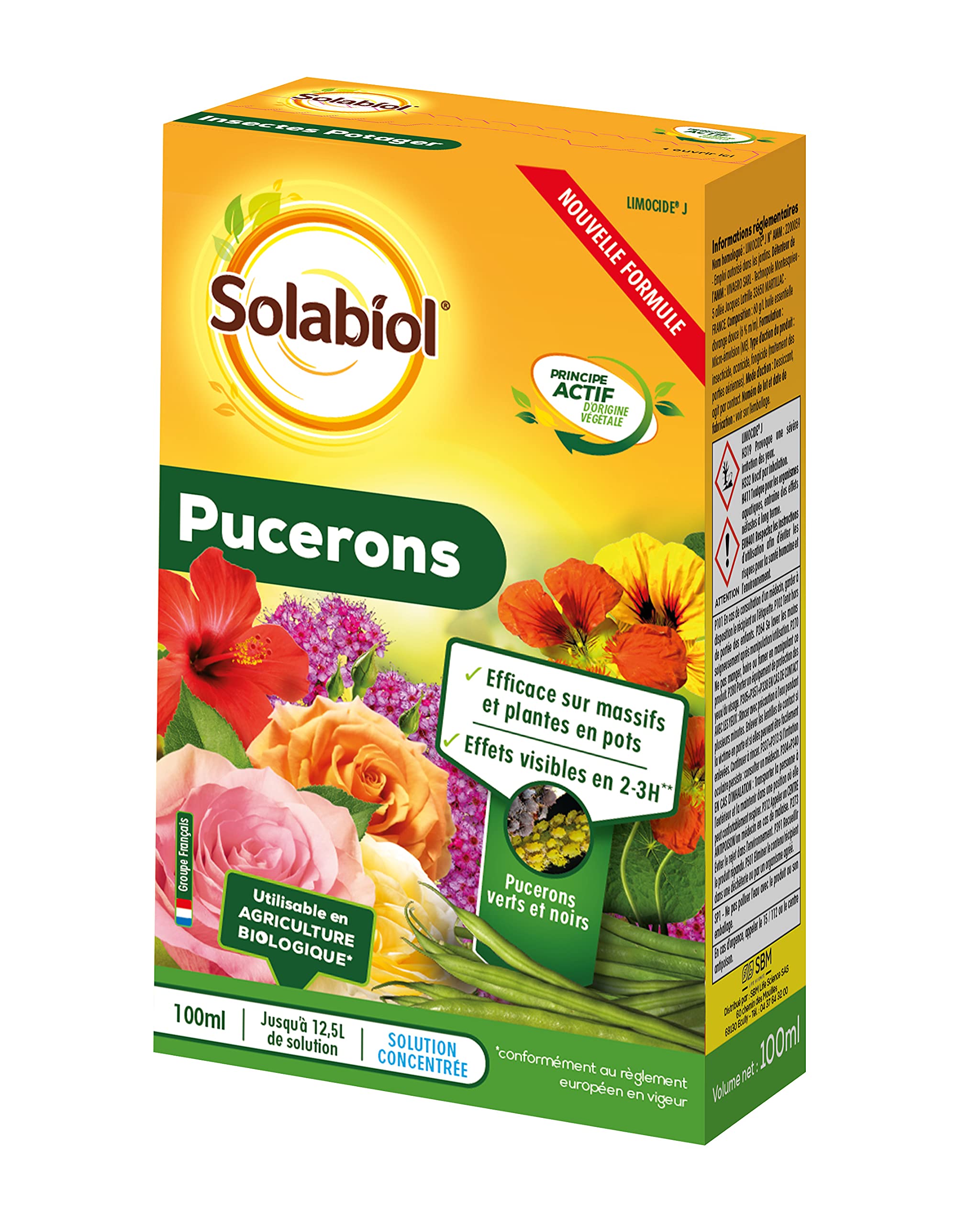 SOLABIOL Anti Pucerons - 100ml - 12,5L De Solution - Effets Visibles En 2/3h - Efficace Sur Massifs & Plantes En Pot - Utilisable En Agriculture Biologique SOLIPUC100