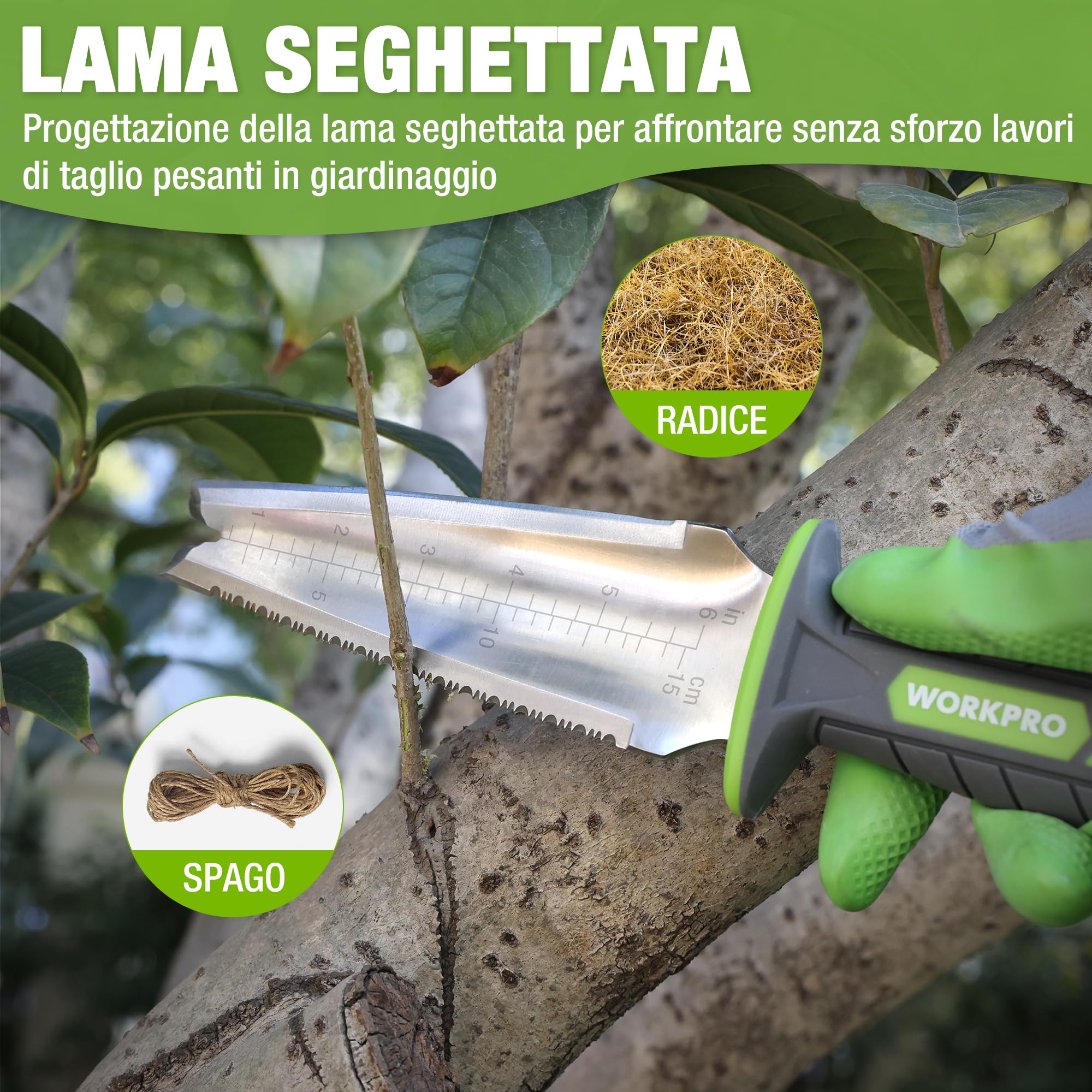 WORKPRO Paletta da Giardino con Custodia in Oxford, Lama in Acciaio Inossidabile Seghettata, Coltello da Giardino per Estirpazione, Piantagione e Scavatura