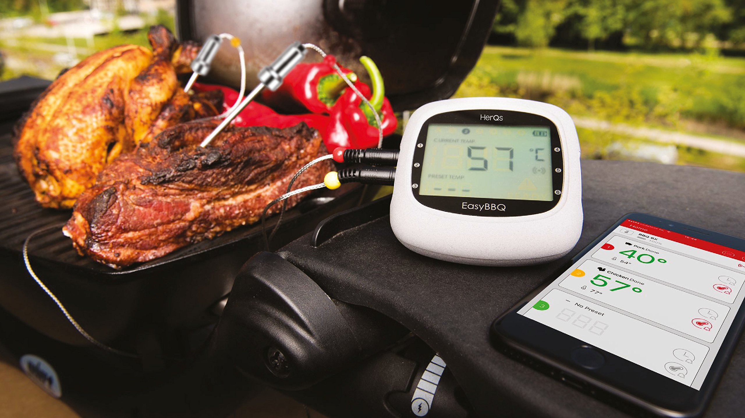 herQs EasyBBQ Pro Fleischthermometer Digital – Smart Bluetooth BBQ Grillthermometer Kabellos mit 2 Sonden – Erweiterbar auf 6 Sonden – Für Grill, Ofen & Smoker