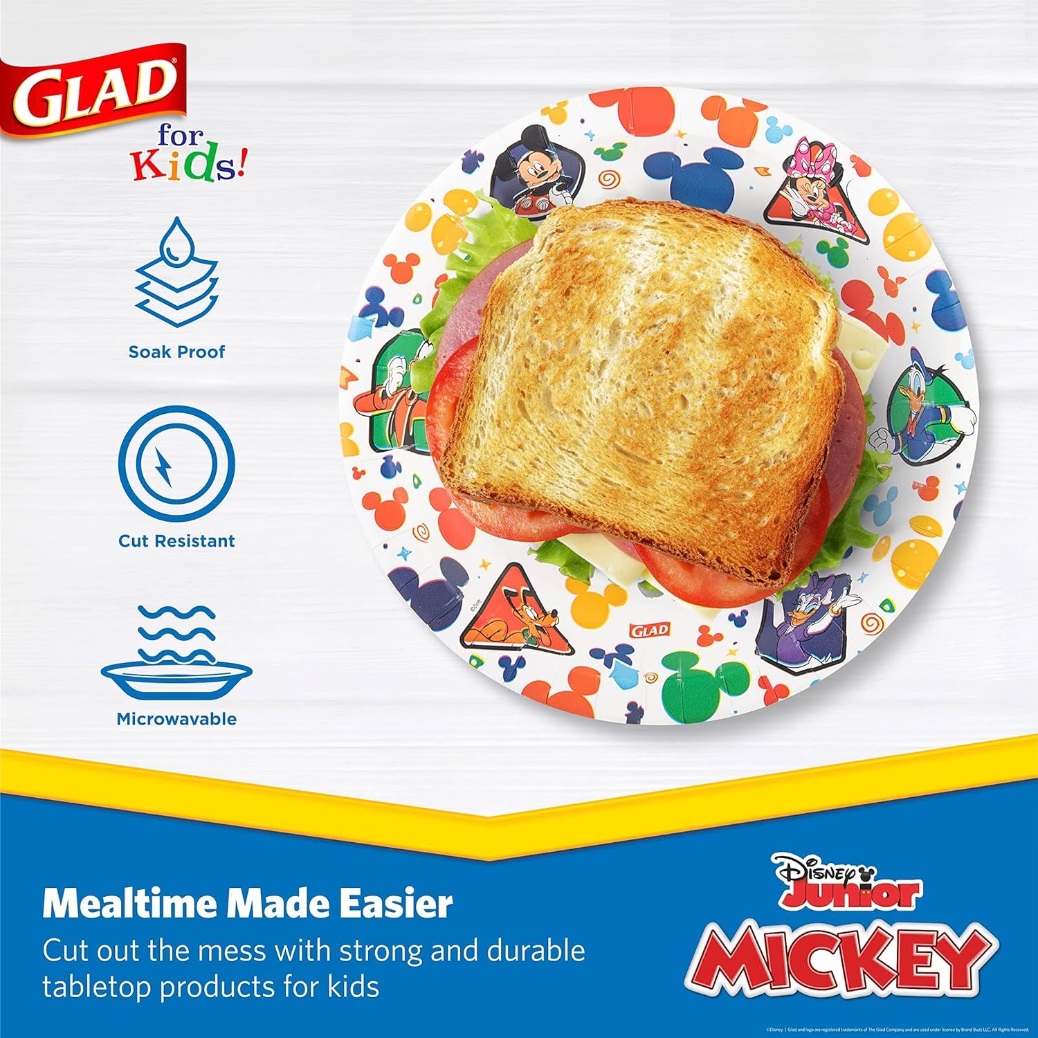 Glad for Kids Disney Mickey and Friends Pappteller 21,6 cm, Mickey and Friends Pappteller, Kinder-Snackteller | Mickey Mouse Pappteller für den täglichen Gebrauch, 40 Stück, 8 Stück