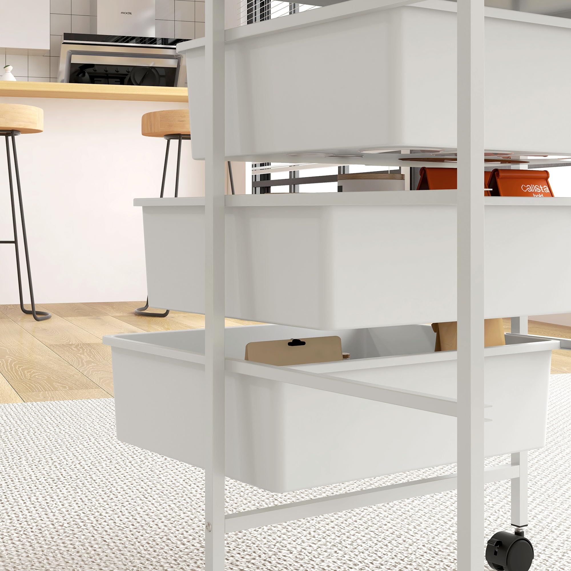 HOMCOM Desserte à roulettes, Chariot de Rangement à roulettes Chariot de Service à 3 Niveaux, Plateau et 3 Panier, Cadre en Acier, desserte Cuisine, Chambre à Coucher, Salon, Bureau - Blanc