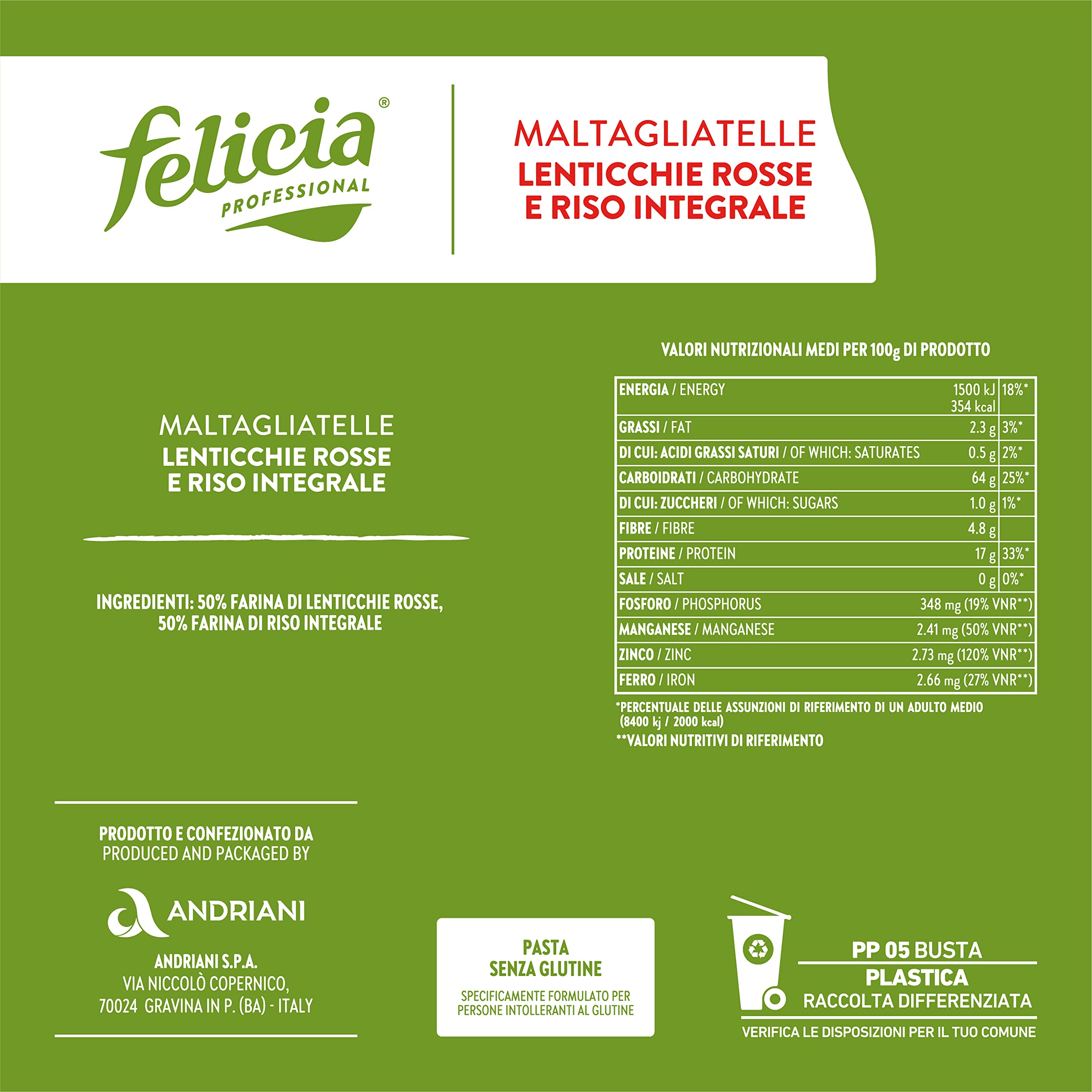 felicia Maltagliatelle di Lenticchie Rosse e Riso Integrale, Pasta Integrale Biologica Ricca Fonte di Fibre e di Proteine, Senza Glutine, Pronta in 6 Minuti, Vegan, Box da 12 Confezioni