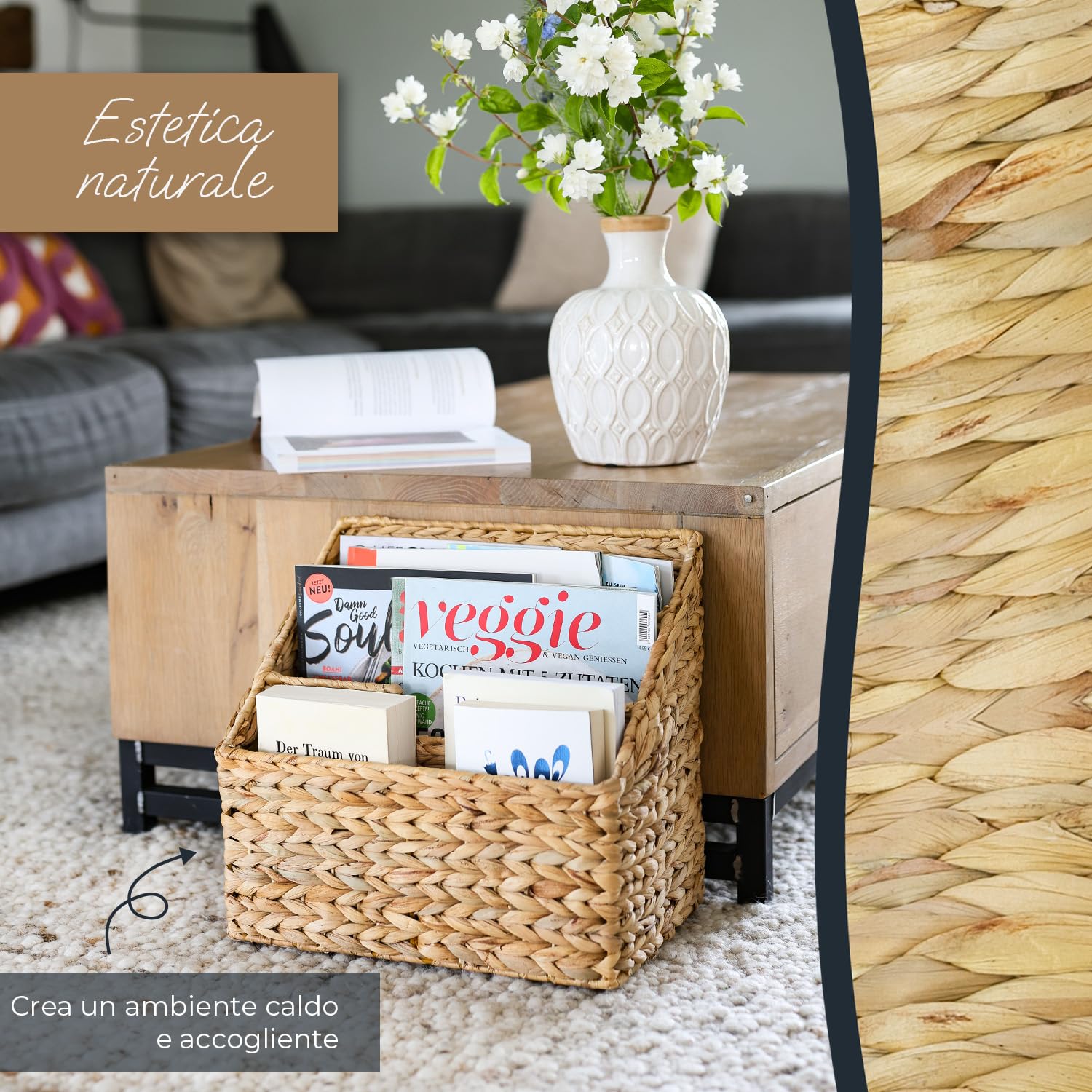 HMF Portariviste da terra, Porta riviste per Cataloghi e Giornali, intrecciato in Giacinto d'acqua | 3 Scomparti | 35 x 24 x 32 cm