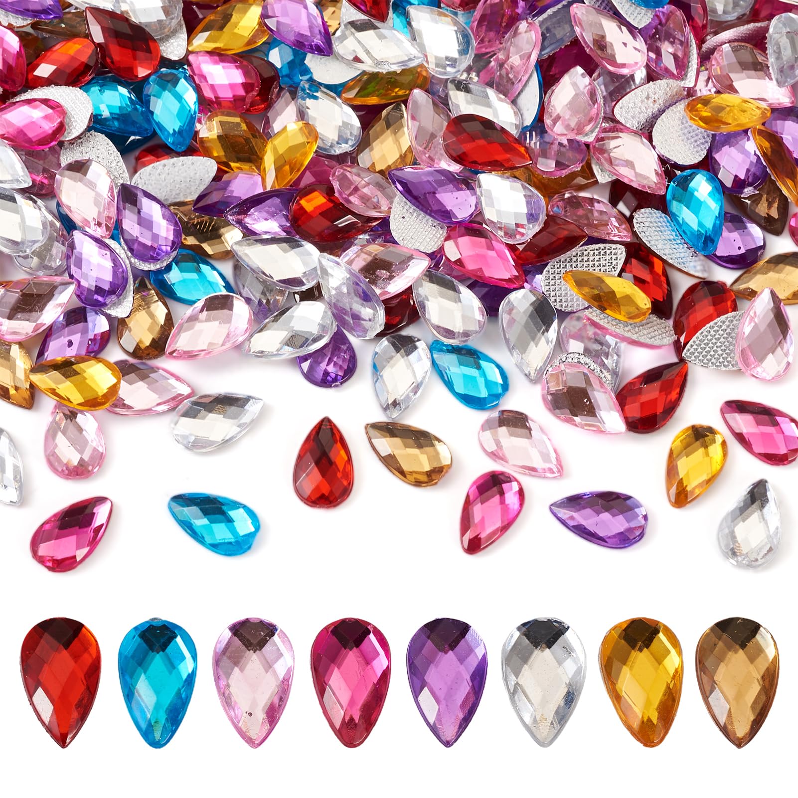 Pandahall 1600Pcs Teardrop Crystal Rhinestone Acrylic Flatback Gems Drop Shaped Rhinestones Cabochons 8 Colors Sew On Rhinestones for Costume Embelishments Jewelry Craft