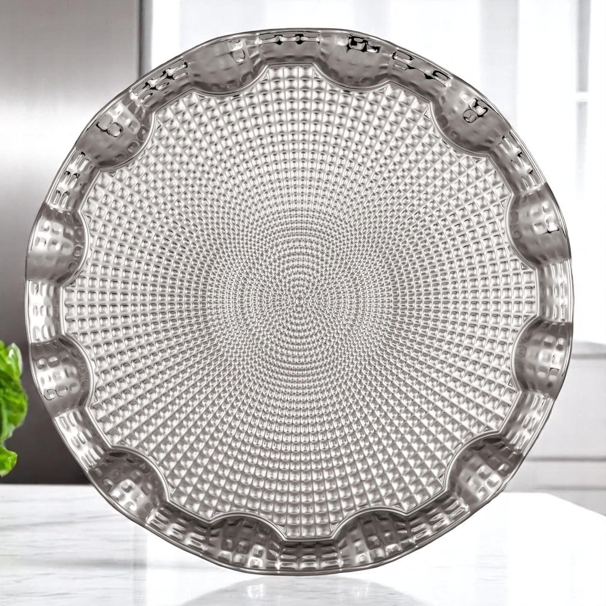 Alisveristime Rundes Serviertablett aus Metall für 6 Personen, Ottomanen-Motiv, (35,1 cm Durchmesser, 496 g) (Silber)