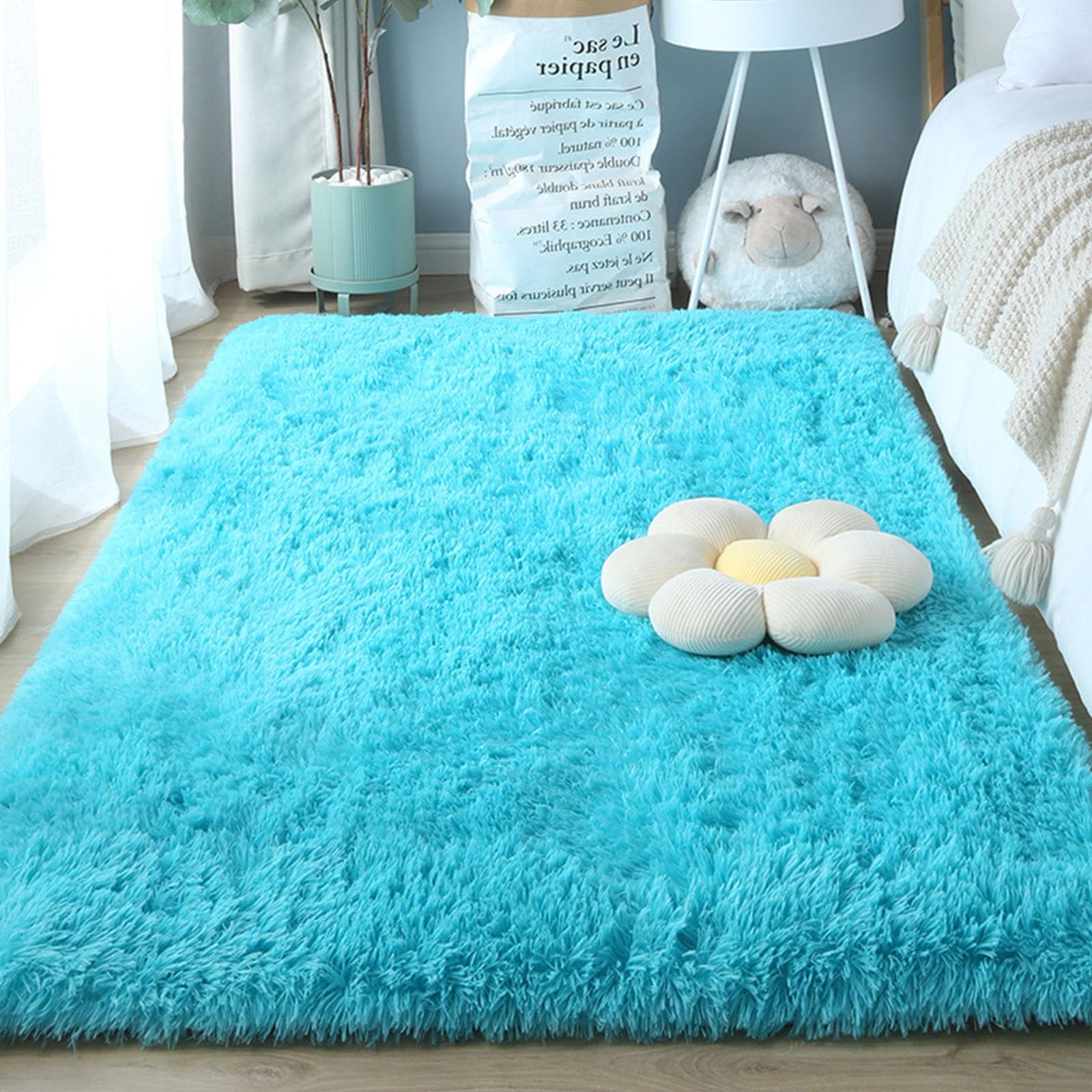 XUEDNGM Area Rugs for Bedroom Rugs 150 x 230 cm(59 x 91inch) Shaggy Soft and Elegant Carpets, Plain Thick Pile Fluffy Non-Slip Rugs Shaggy Rugs Living Room for Living Room Bedroom, Sky Blue