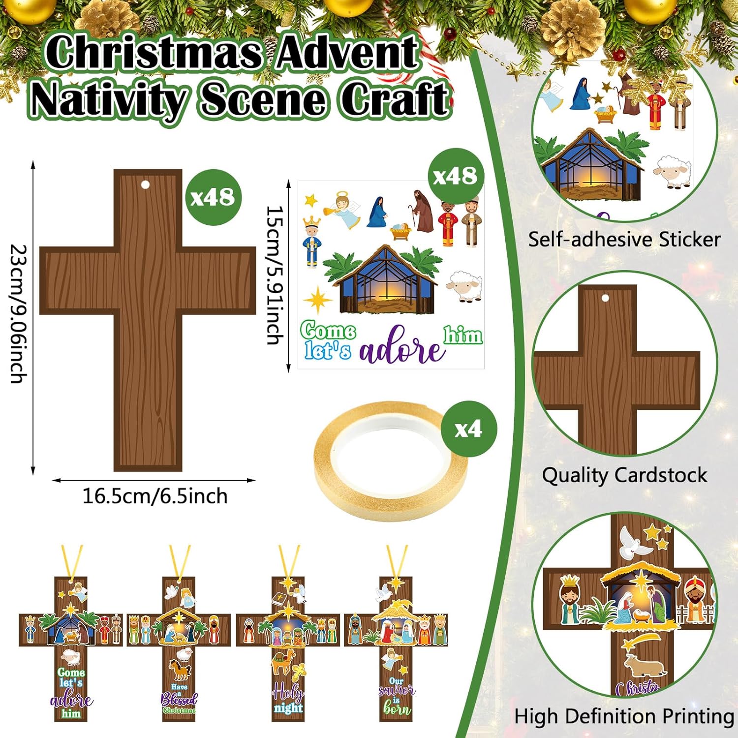 Watersay 48 Set Christmas Nativity Crafts Religious Nativity Scene Cross Kit Christian DIY Paper Crafts Make Your Own Hanging Ornament for Sunday School VBS Church Classroom Activities