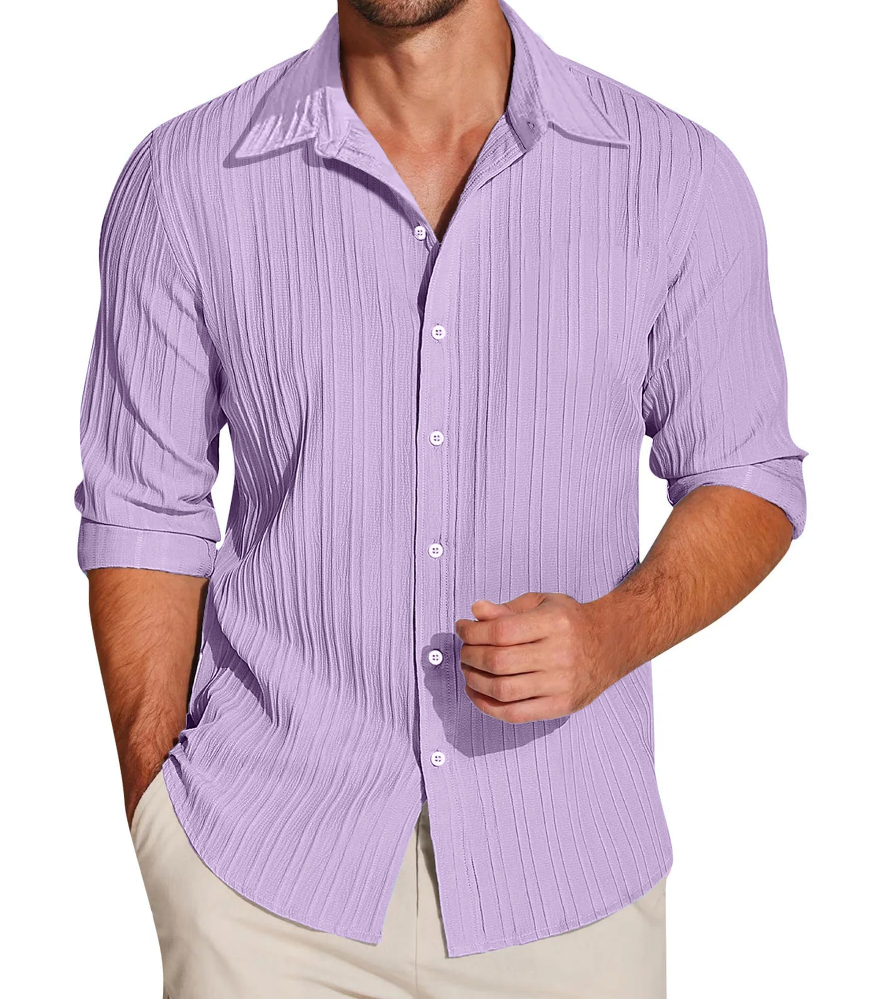 filo hevis Men’s Casual Button Down Popcorn Shirts Stylish Long Sleeve Linen Textured Beach Summer Shirt-picture-42