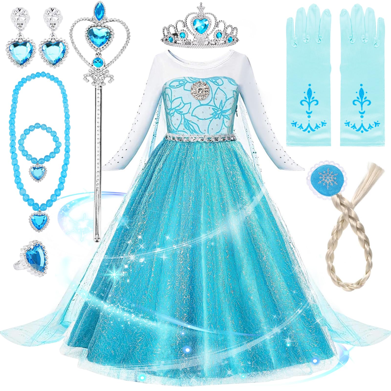 Amzeeniu Disfraz Elsa,11pcs Disfraz Princesa Niña Disfraz de Princesa Vestido Princesa Niña con Accesorios de Cosplay,Corona,Varita Disfraces Niña para Halloween Cumpleaños Carnaval disfraz frozen 130