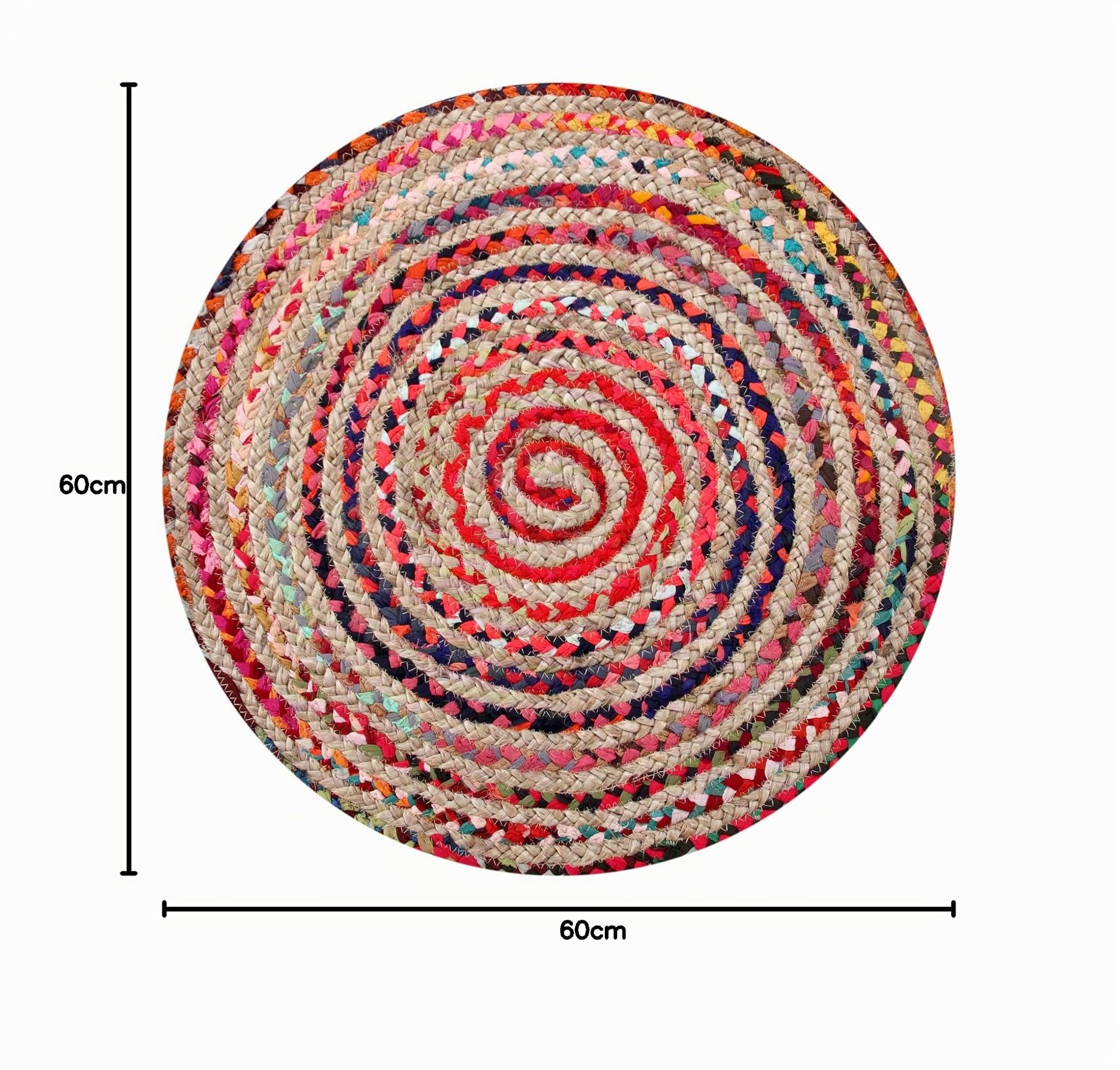 Fair Trade 60cm Round Braided Rag Rug Cotton Jute Multi Coloured Chindi Mat by Second Nature Online