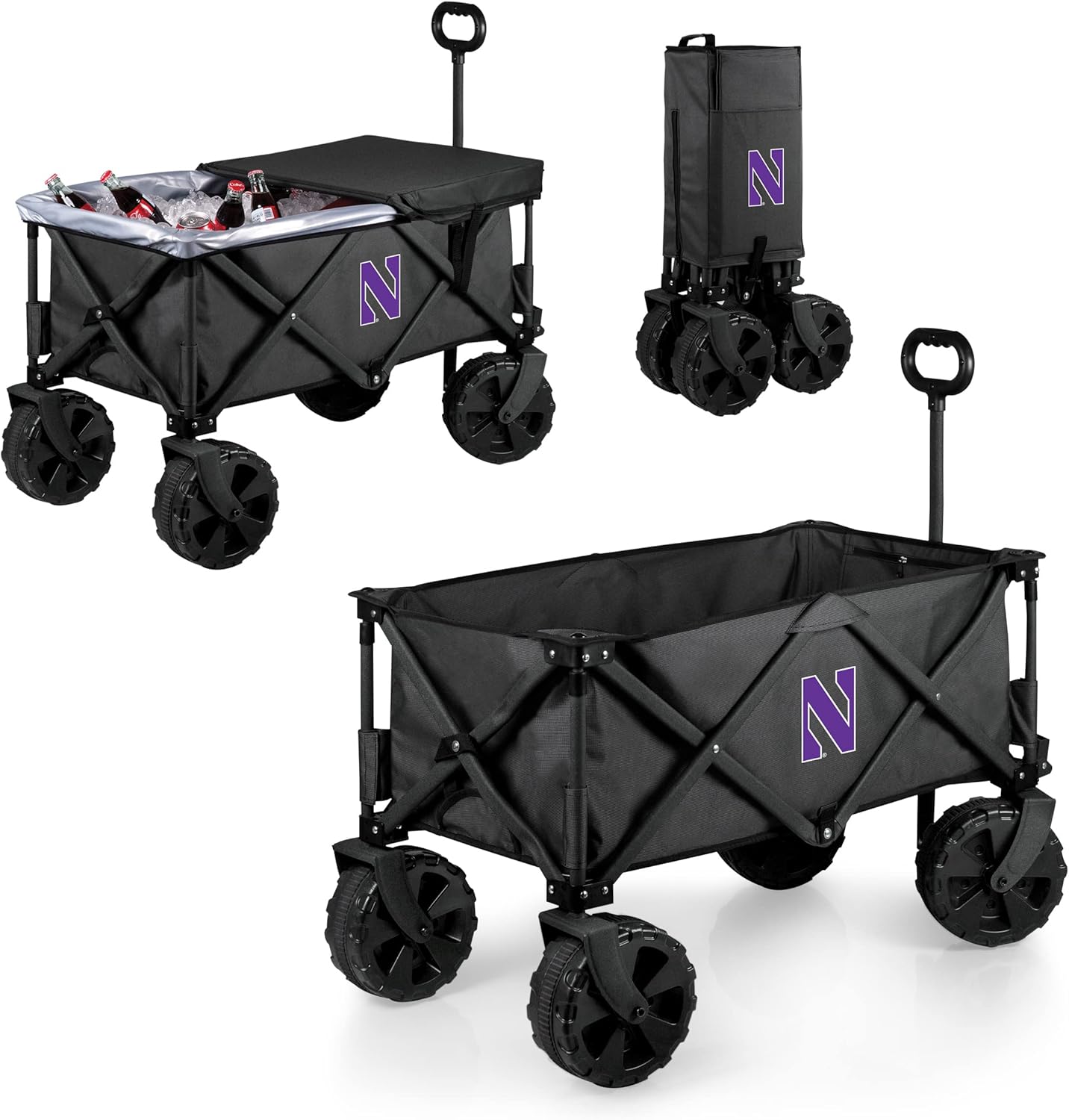 PICNIC TIME NCAA Adventure Wagon Elite All-Terrain Folding Beach Wagon with Big Wheels Plus Table Top Lid & Soft Cooler Liner, (Dark Gray)