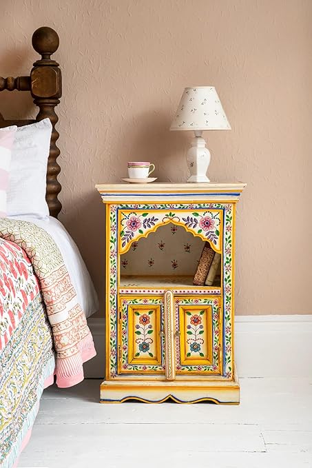 THE GILETEEN Cream & Yellow Hand Painted Bedside Cabinet Wardrobe Cupboard for Multipurpose Storage Organizer Almirah (Multicolor)