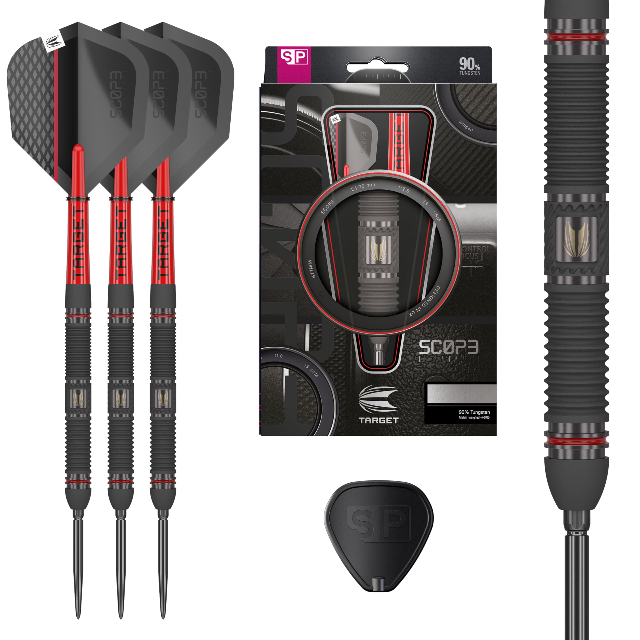 Target Darts Scope Steel Tip Swiss Point Darts, 90% Tungsten Dart Set, Barrel 01-24G, Black & Red