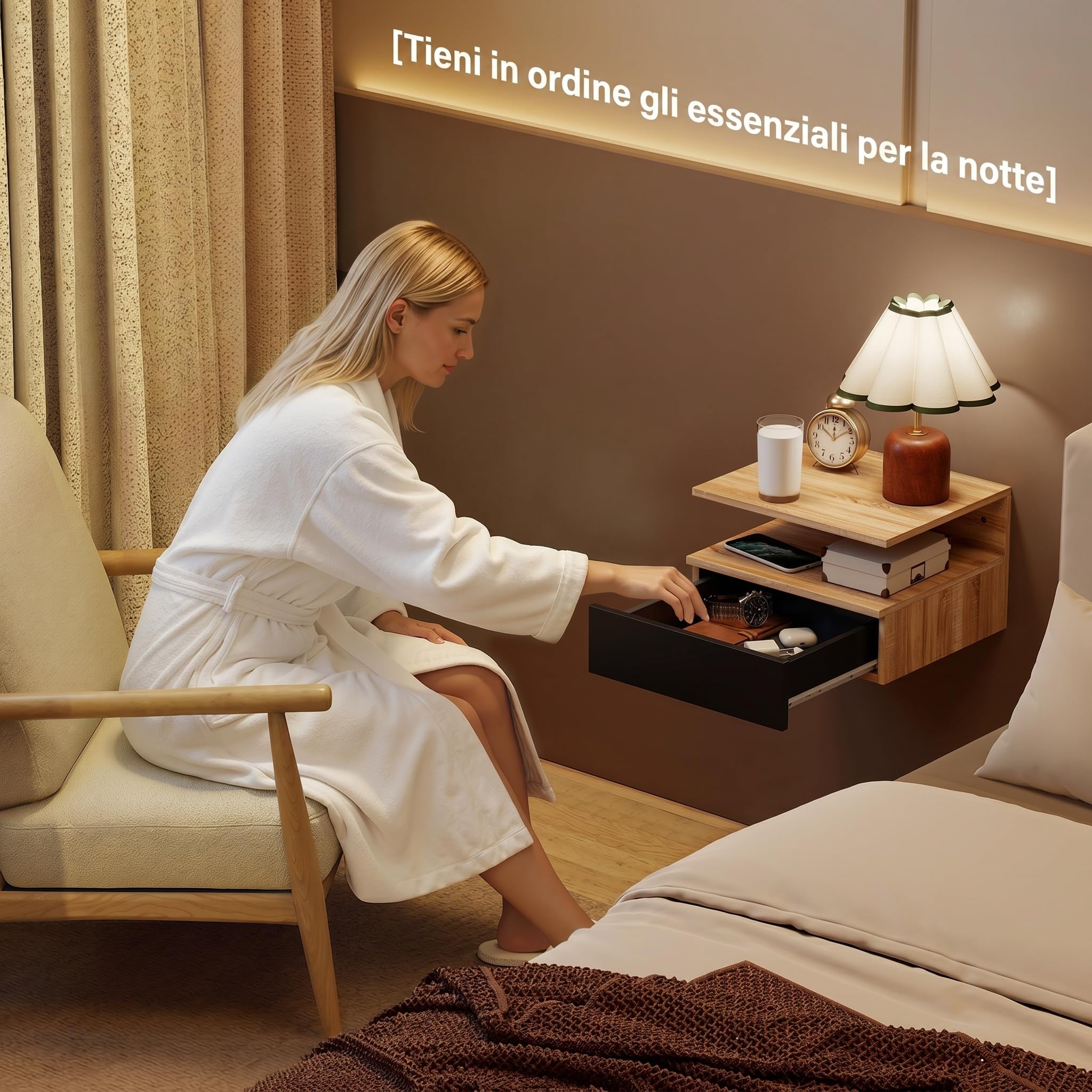 HOMCOM Set da 2 Comodini Sospesi per Camera da Letto, 2 Comodini per Camera da Letto Soggiorno, Salvaspazio Design, con Cassetto e Mensola Superiore in Legno, 35x32x22.5cm, Nero e Rovere