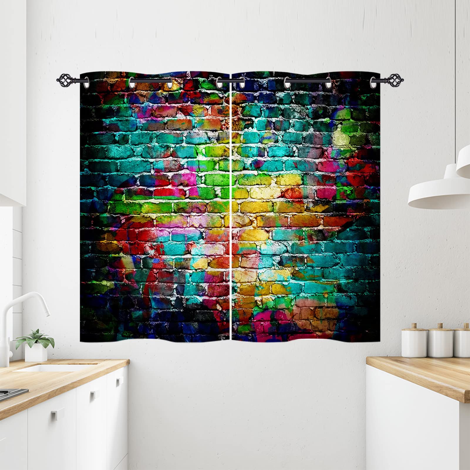 ANHOPE Colorful Brick Curtains Eyelet 80% Blackout Room Darkening Curtains with Abstract Graffiti Wall Print Pattern Thermal Insulated Window Drapes for Bedroom Living Room 28 x 54 Inch Drop 2 Panels โ image 1