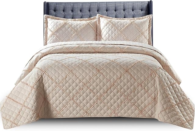Quilted Bedspread Bed Throws for Room Decor - Quilted Fabric Embossed Striped Pattern Ruffle Design Reversible Quilt Bedspreads Coverlets with Hypoallergenic Pillow Cover (King, Ruffle Beige)