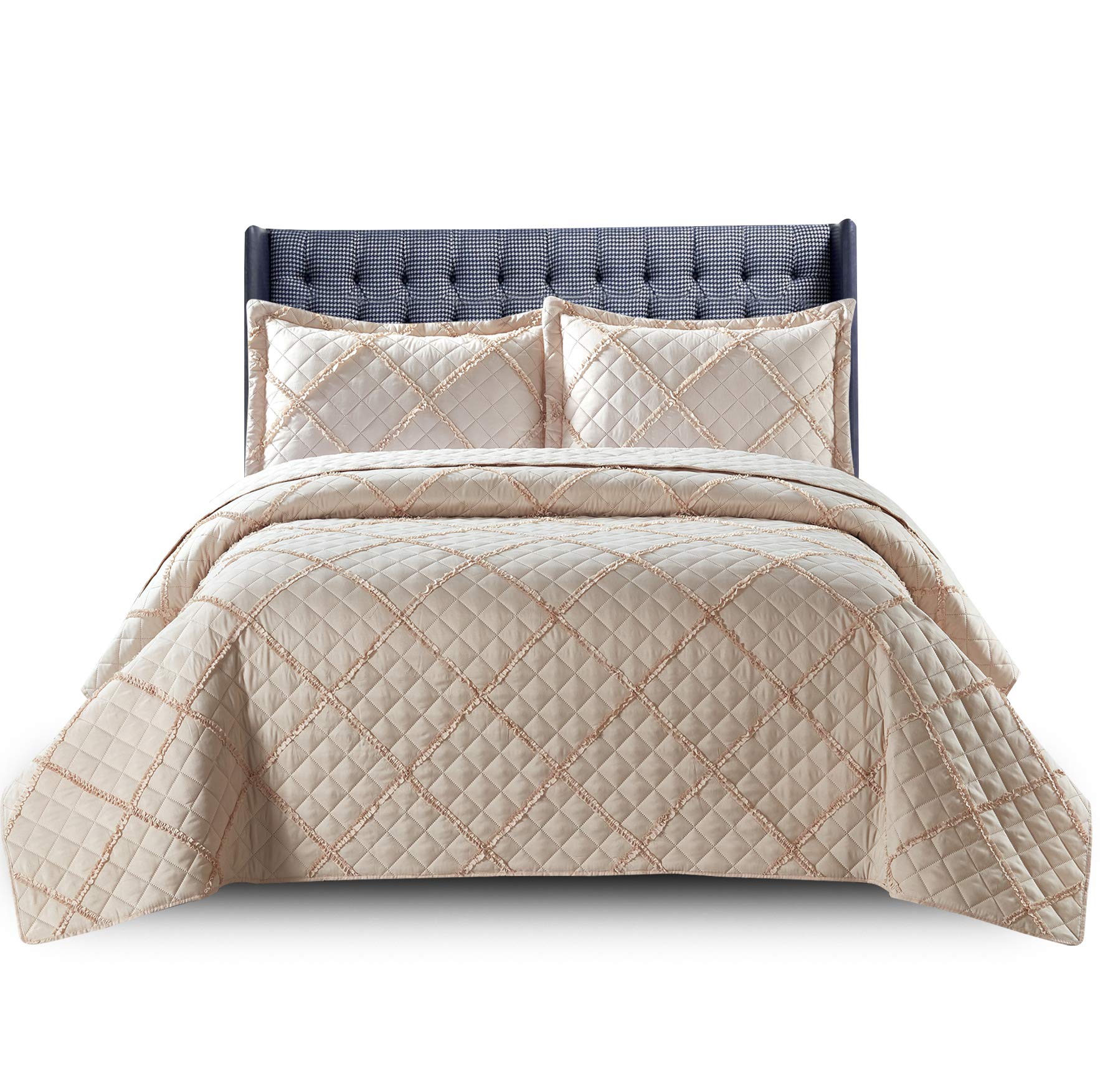 Quilted Bedspread Bed Throws for Room Decor - Quilted Fabric Embossed Striped Pattern Ruffle Design Reversible Quilt Bedspreads Coverlets with Hypoallergenic Pillow Cover (King, Ruffle Beige)