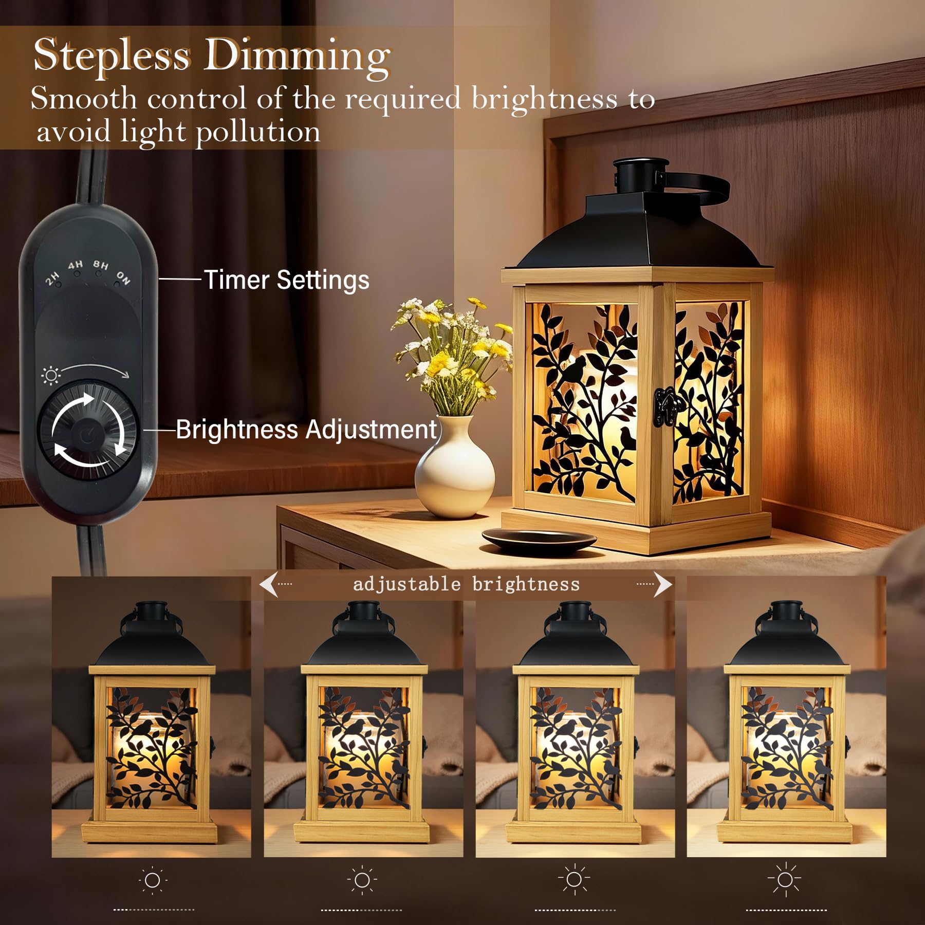 Lampe Chauffe-Bougie avec Minuterie, Brûleur de Bougie Électrique Réglable en Bois Style Fermier à Intensité Variable, Lanterne Chauffante pour Bougie en Pot, Lampe Fondoir avec 2 Ampoules