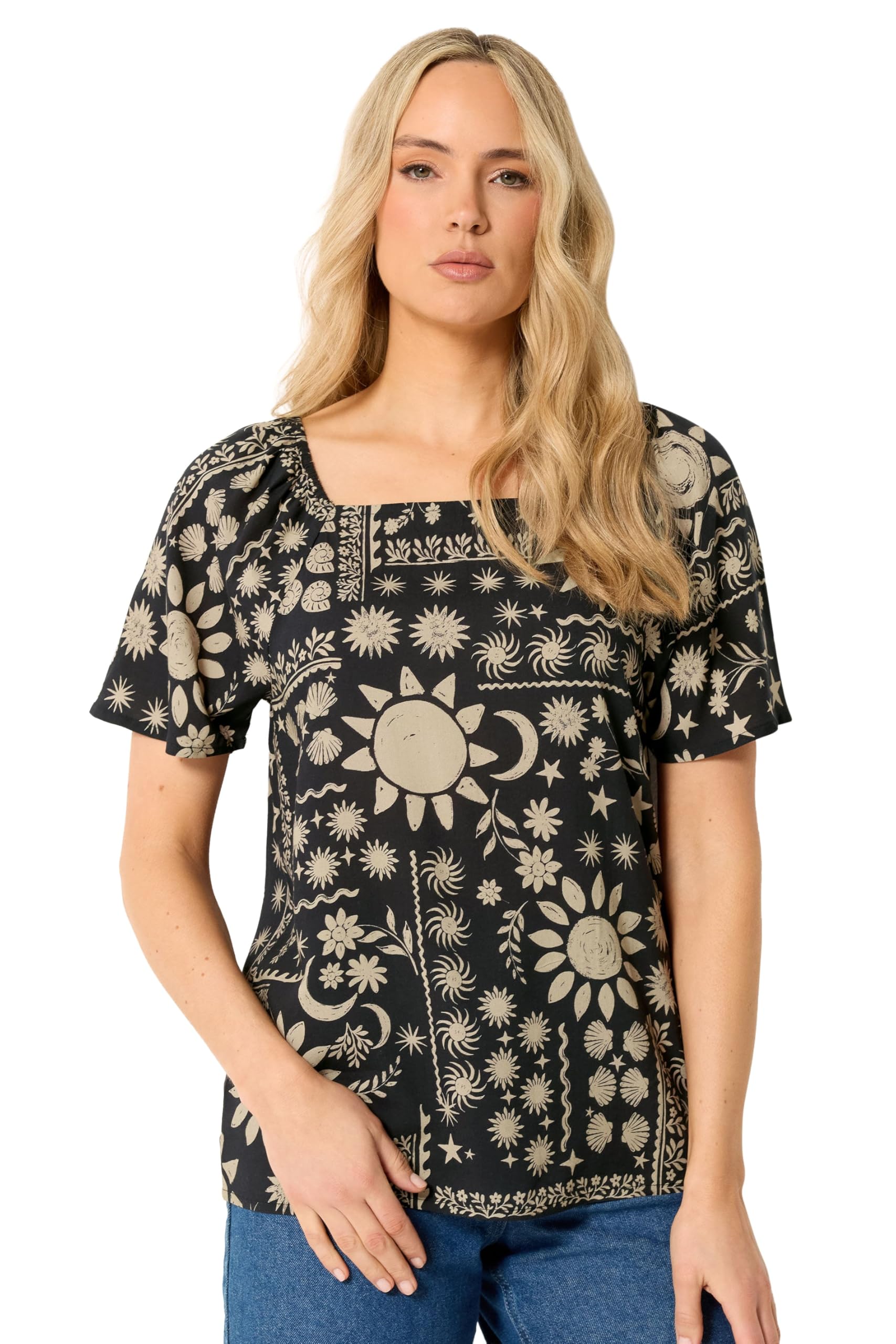 Long Tall Sally Women's Black Tall Coastal Print Square Neck Top In Size 16