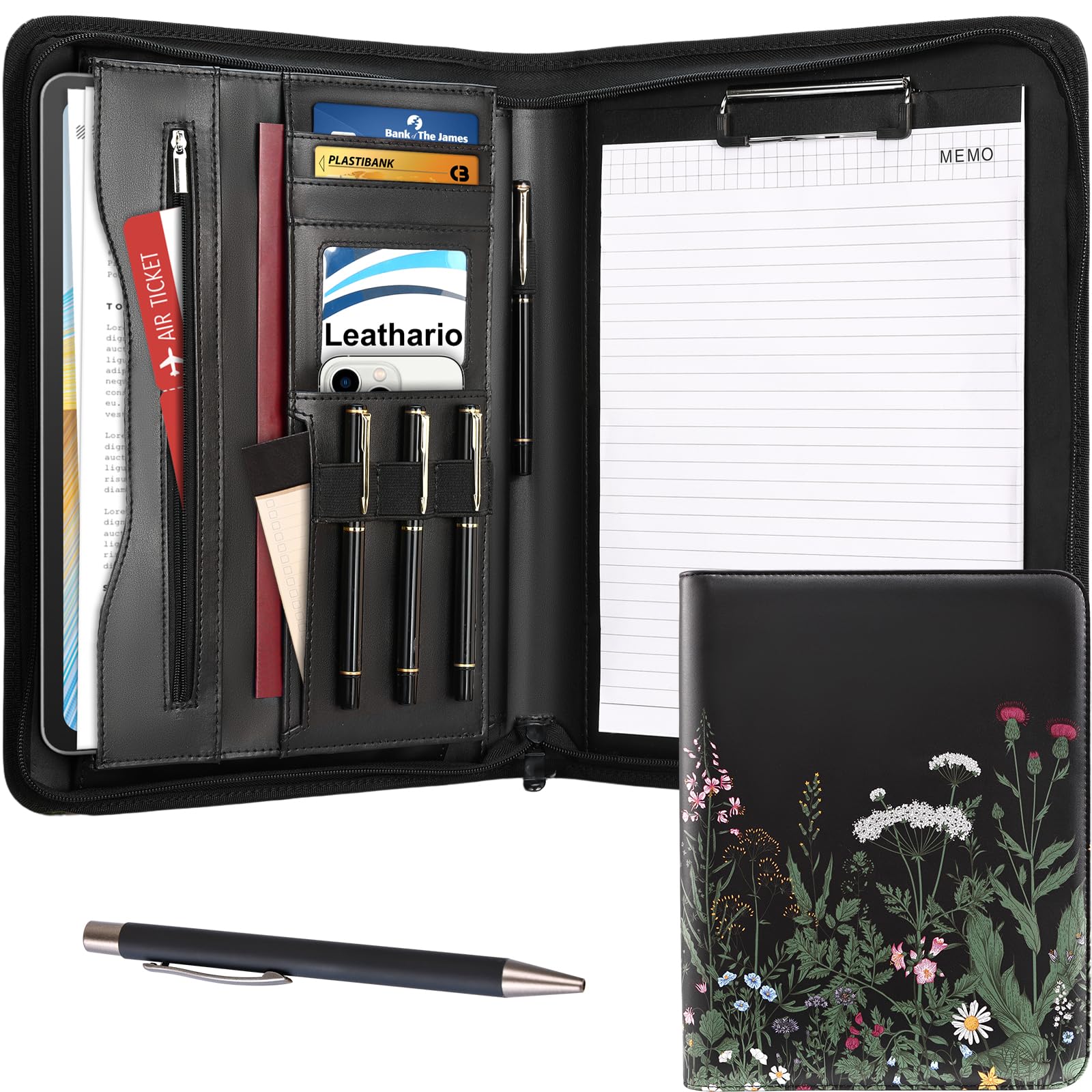 Leathario Portfolio Folder, A4 Conference Folder with Notepad and Pen, Vegan Leather Zipper Padfolio with Pockets for Tablets Notepads Files, Travel Business Portfolio, Planner Document Organizer