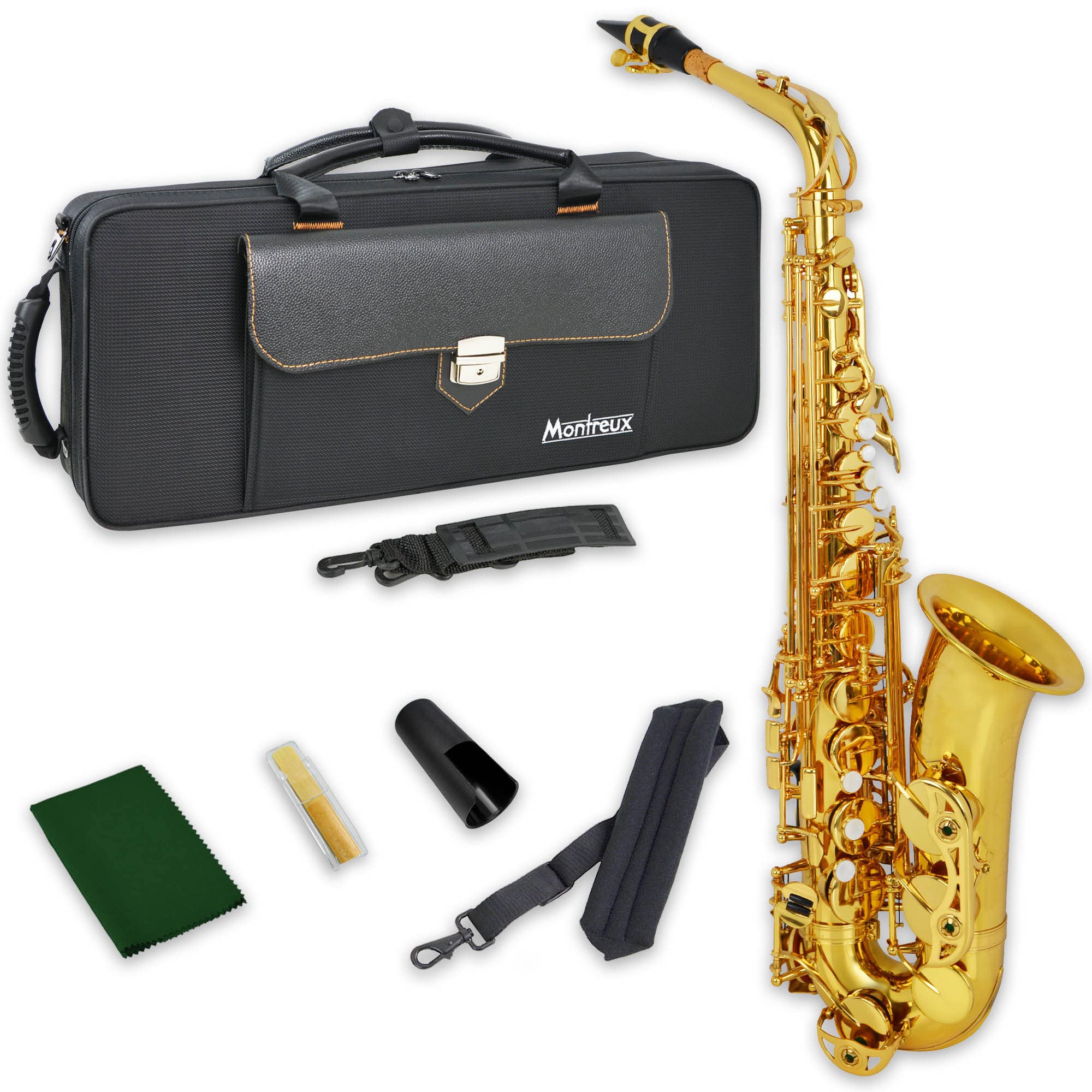 Montreux Série De Concerts Saxophone alto Mib avancé intermédiaire avec étui de transport haut de gamme, embouchure, anche, sangle de cou - Laiton laqué, clé de fa # aigu, mi bémol