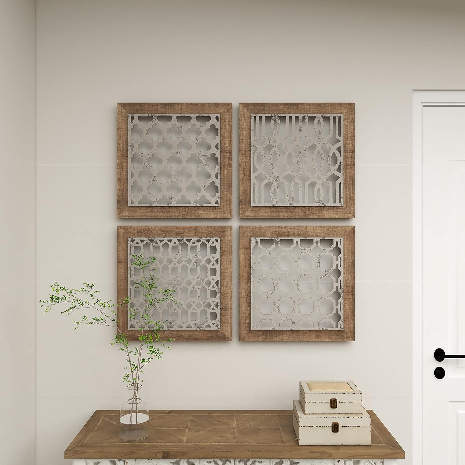 Rustic Farmhouse Iron & Wood Geometric Wall Decor Set, 19" Square