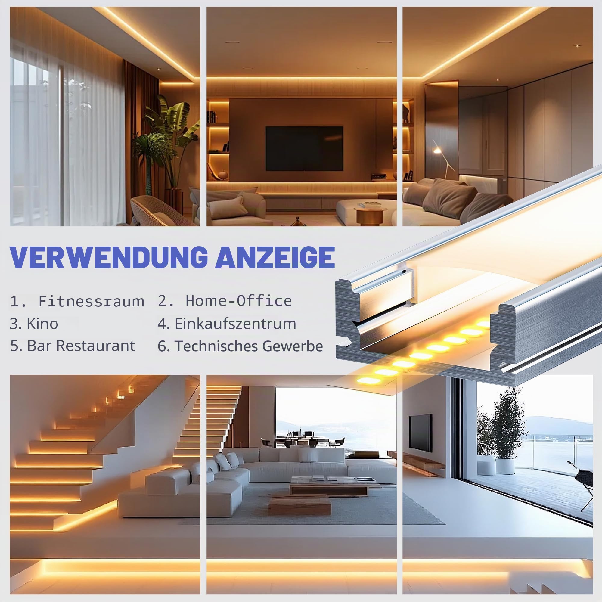 5 x LED Profil für Streifen 2 m (10 m), LED Schiene Aluminium für Trockenbau, geeignet für LED Stripes bis 12 mm Breite, Maße: 17.4 x 7 mm, Einbau für Fliesen, Gipskarton, Holzpaneele