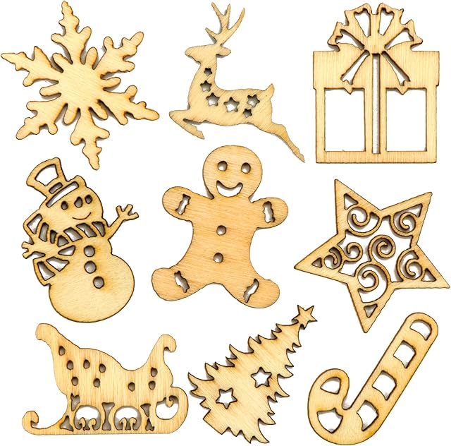Baker Ross AV678 Mini Wooden Shapes for Christmas Cards Craft and Decorations (Pack of 45), Brown