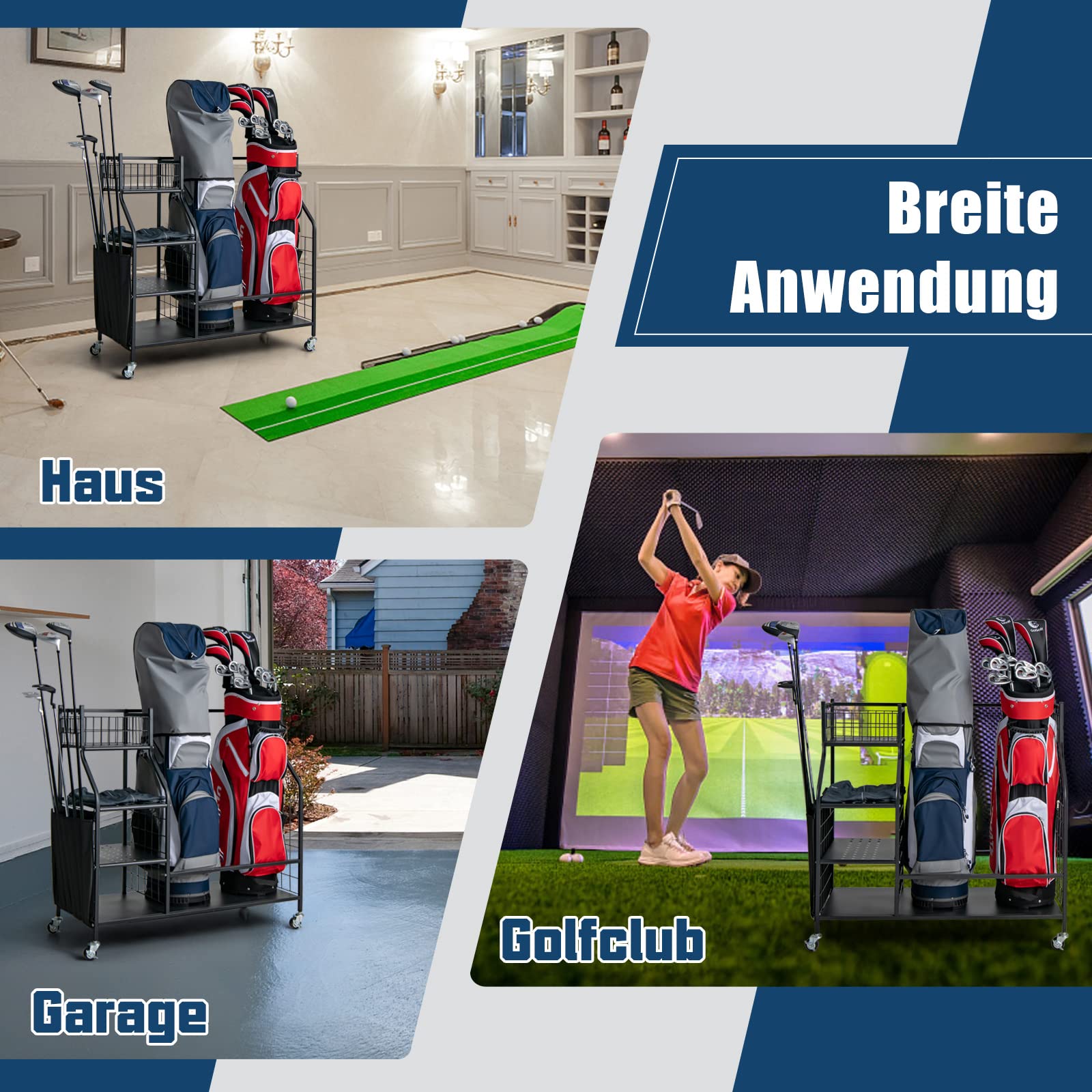 COSTWAY 4 in 1 Golf Organizer, Golfschläger-Organizer mit Rollen, für 2 Golftaschen & Golf-Zubehör, Golftaschenregal mit Haken & Korb für Golfbälle & 3 Ablagen aus Metall