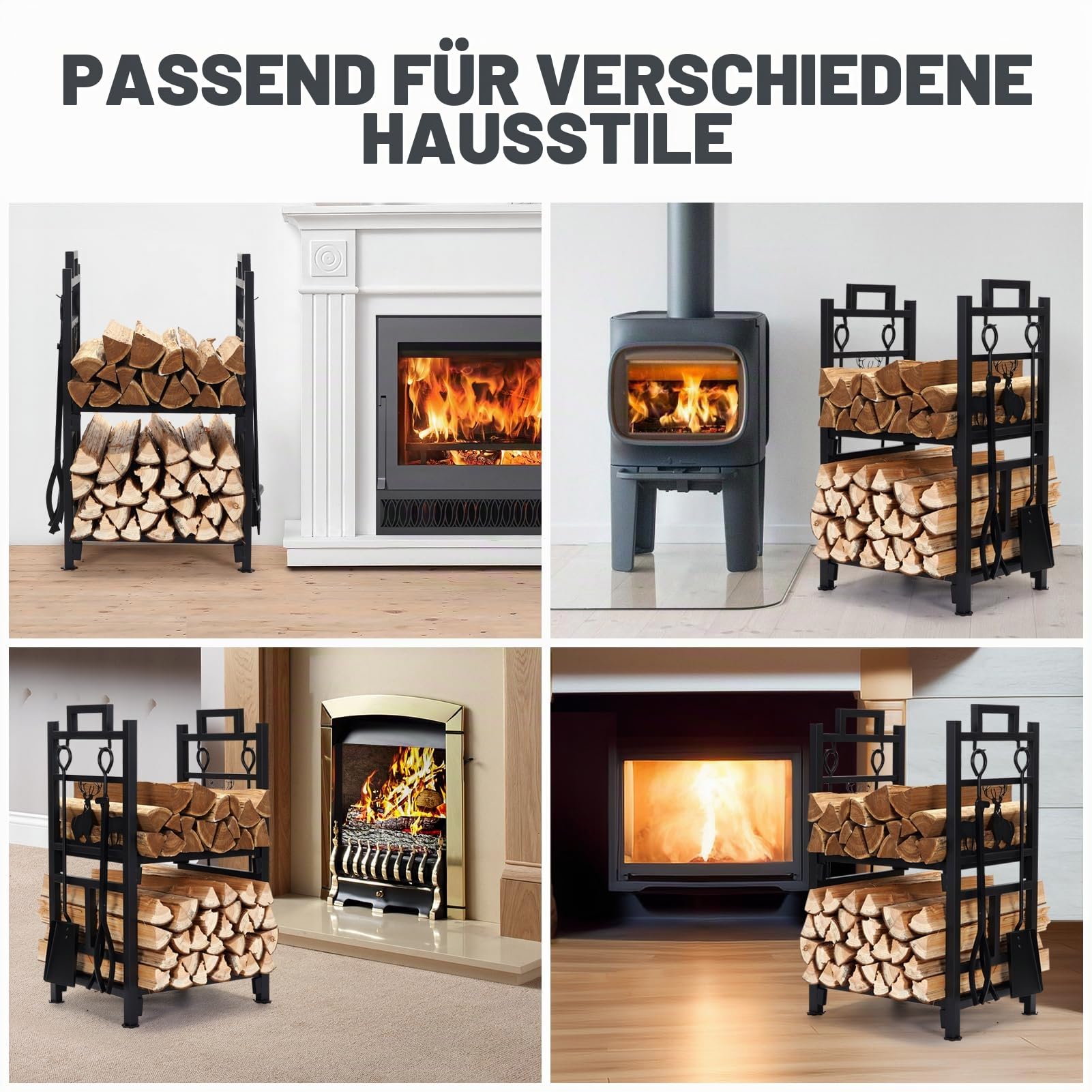 Kaminholzhalter, 2-lagig, aus Eisen, mit 4 Werkzeugen, Bürste, Schaufel, Zange und Haken – keine Schrauben erforderlich für Holzlagerung, Stapelmontage