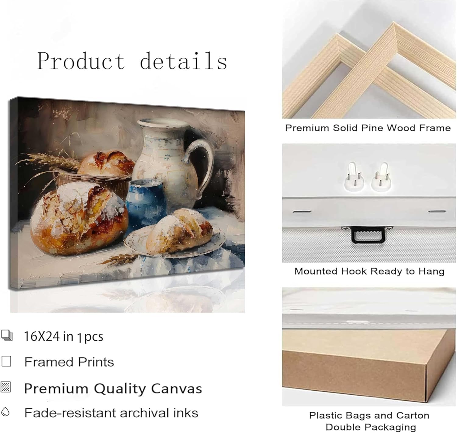 Country Kitchen Canvas Wall art Vintage Rustic Farmhouse Sourdough Bread Still Life Painting Picture Wall Decor Poster Print Artwork for Farm Living Room Dining room Home Decoration