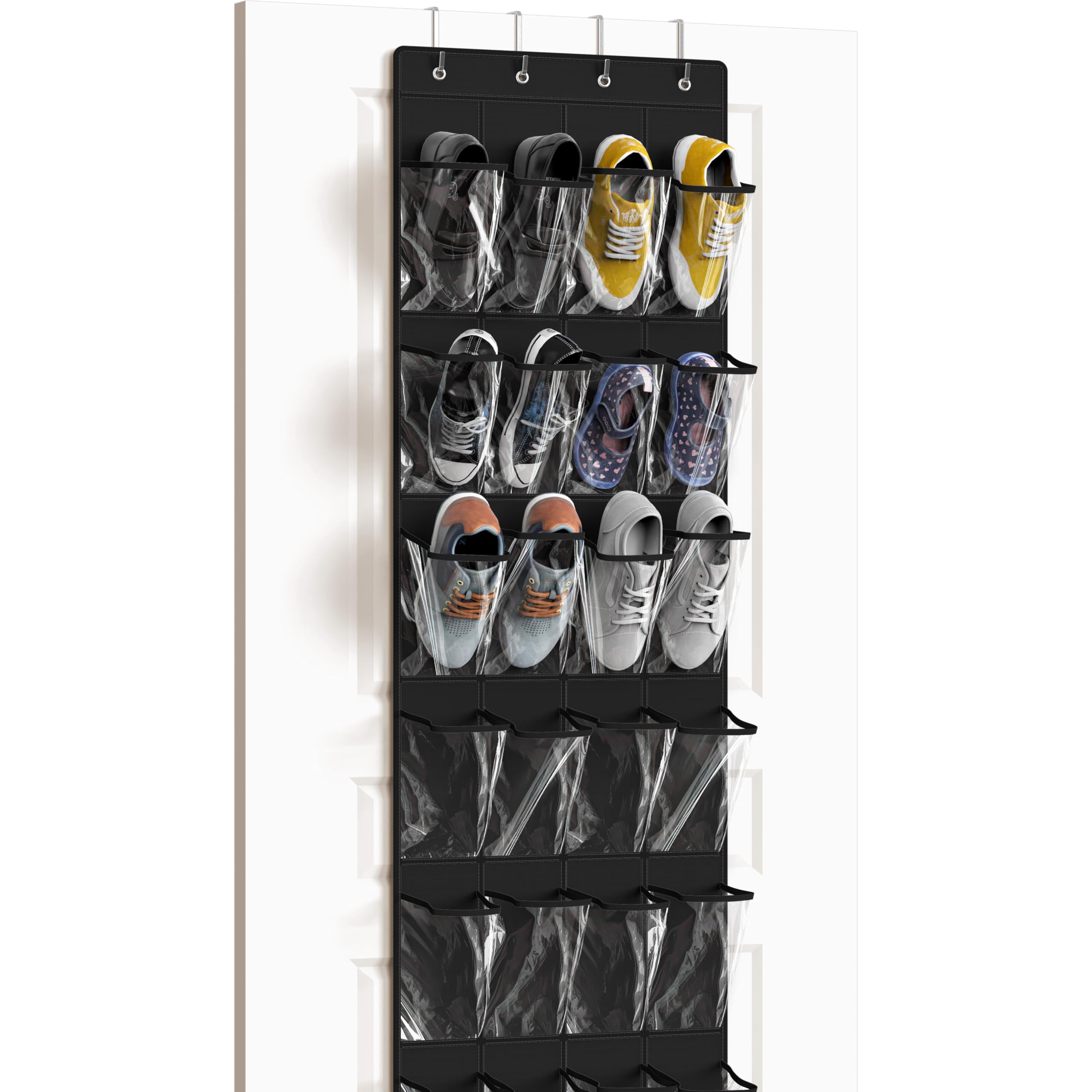 Simple Houseware Black 24 Pockets - Crystal Clear Over The Door Hanging Shoe Organizer, (64'' X 19'')