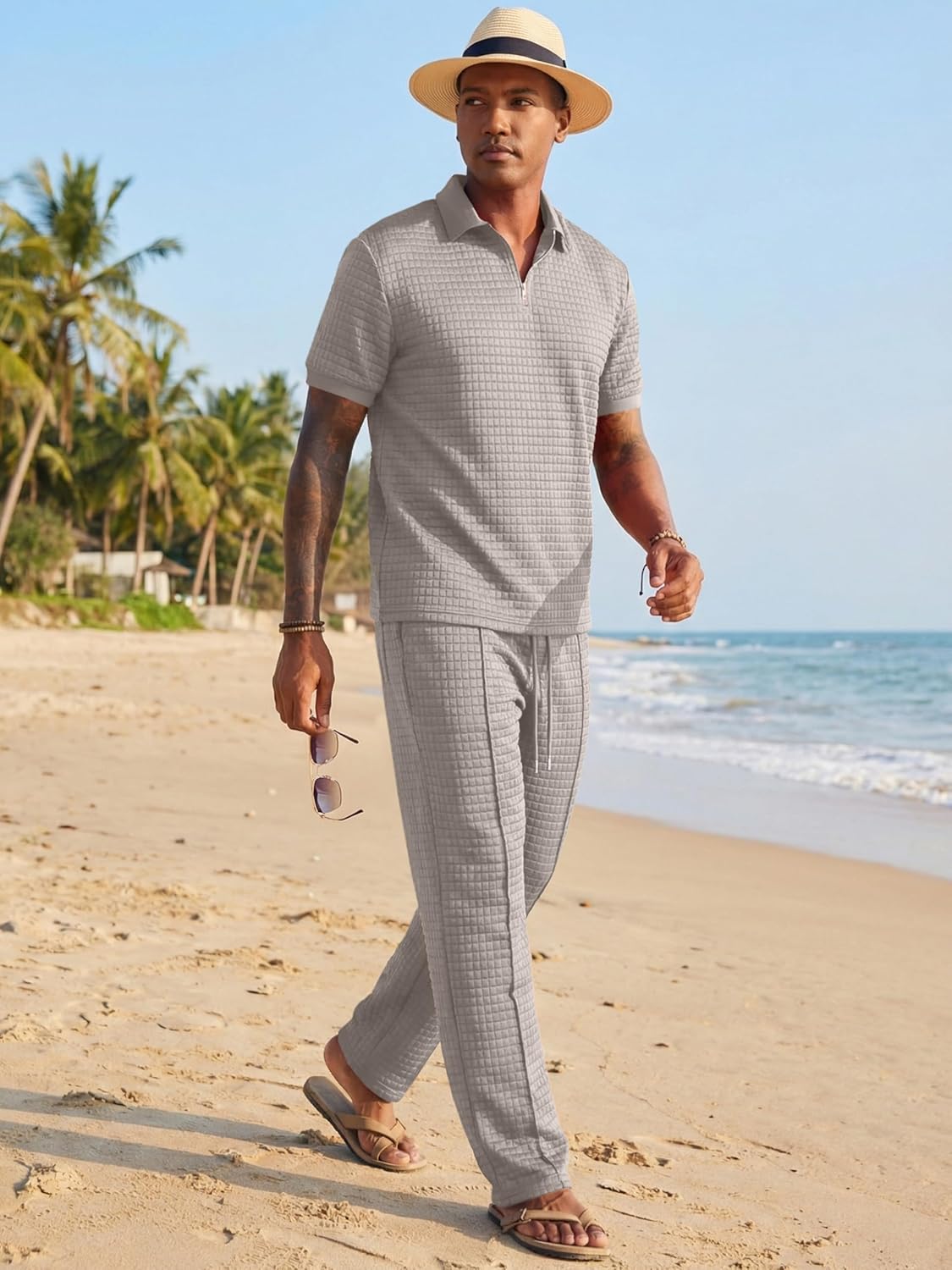 JMIERR Mens Summer 2 Piece Outfits Short Sets Beach Waffle 1/4 Zip Polo Shirts Casual Loose Pant Loungewear - Image 5