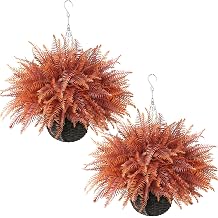 2 Set Artificial Fall Ferns Hanging Plants for Front Porch DecorOrange | No Assembly Needed, Fake Boston Fern Hanging Plant Basket, UV Resistant, for Eaves/Garden/Farmhouse/Outdoor Autumn Decor