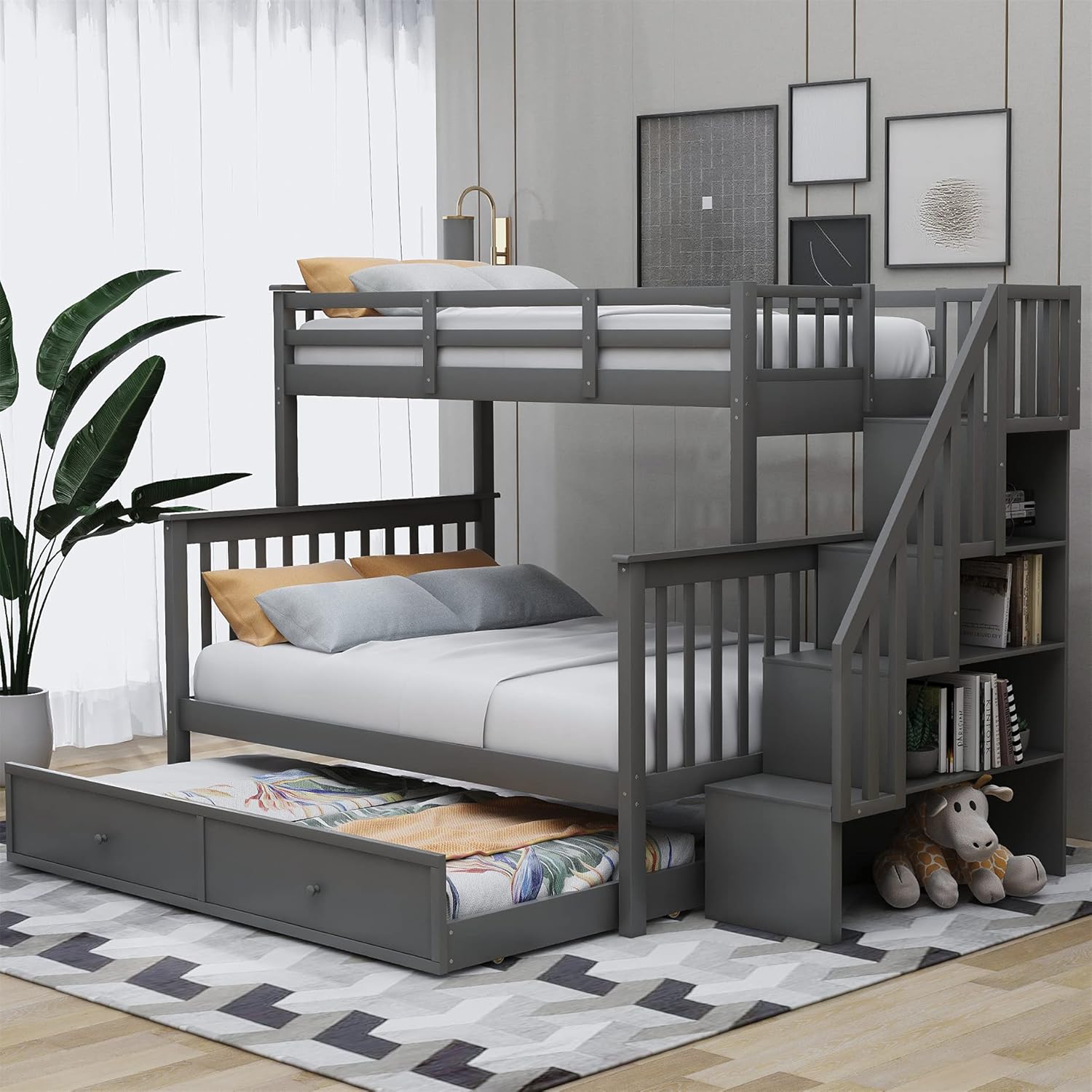 Harper & Bright Designs Twin Over Full Bunk Bed with Trundle and Stairs, Wooden Bunk Bed Frame with Storage, for Kids Teens Adults (Gray)