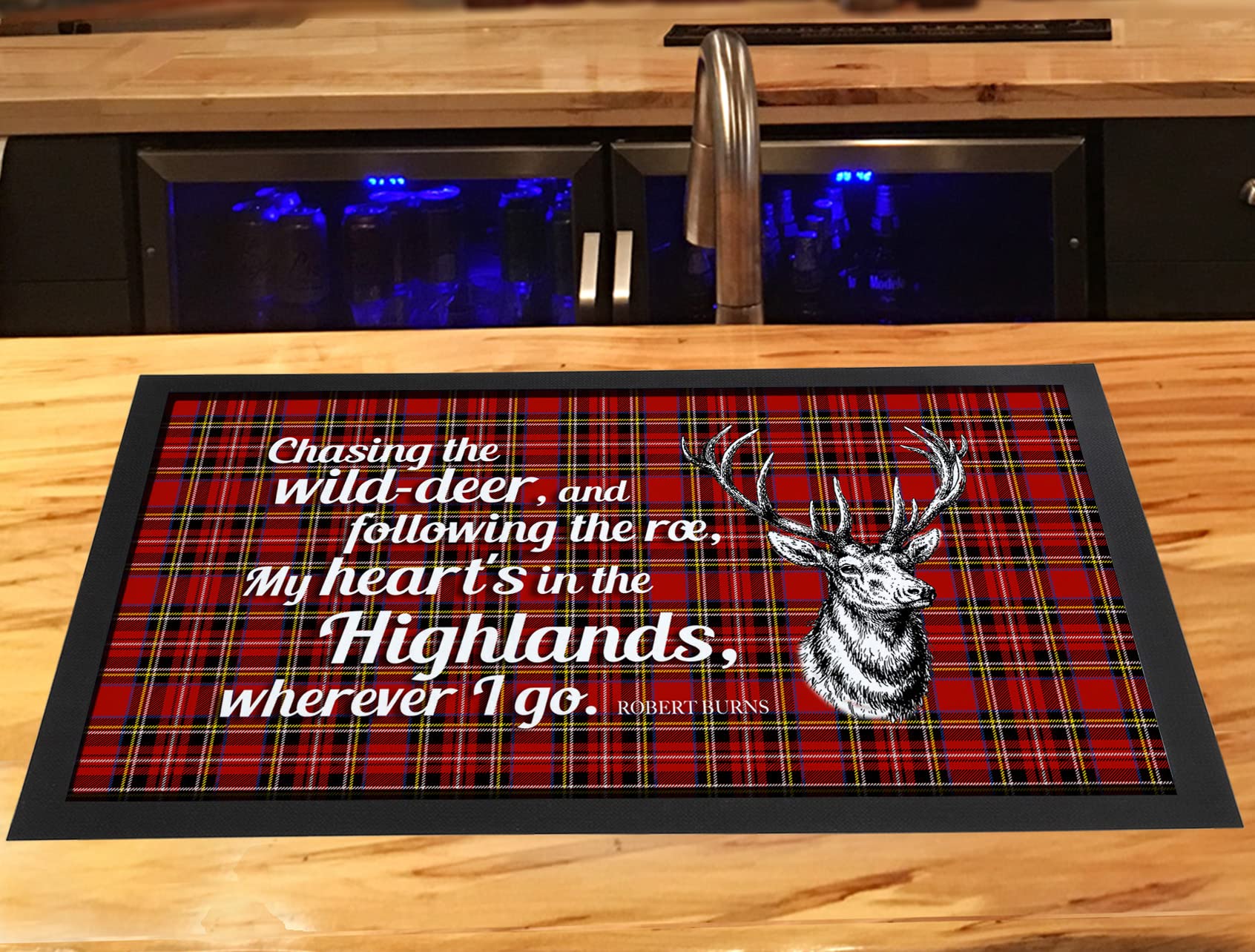Artylicious Burns Night Bar Ruer - My Hearts in The Highlands Robert Burns Poem Quote - Tartan Scottish Bar Ruer Mat Burns Night Decor (Red)